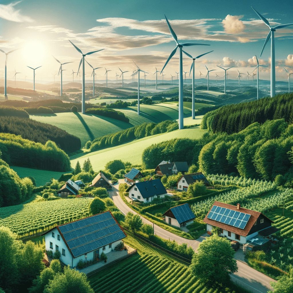 Photo of a lush green European landscape, with wind turbines rotating in the distance, showcasing sustainable energy.