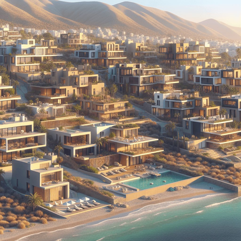 A picturesque overview of various residential properties in Spain, showcasing the diversity in architecture from urban apartments to beachfront villas and rustic countryside houses.