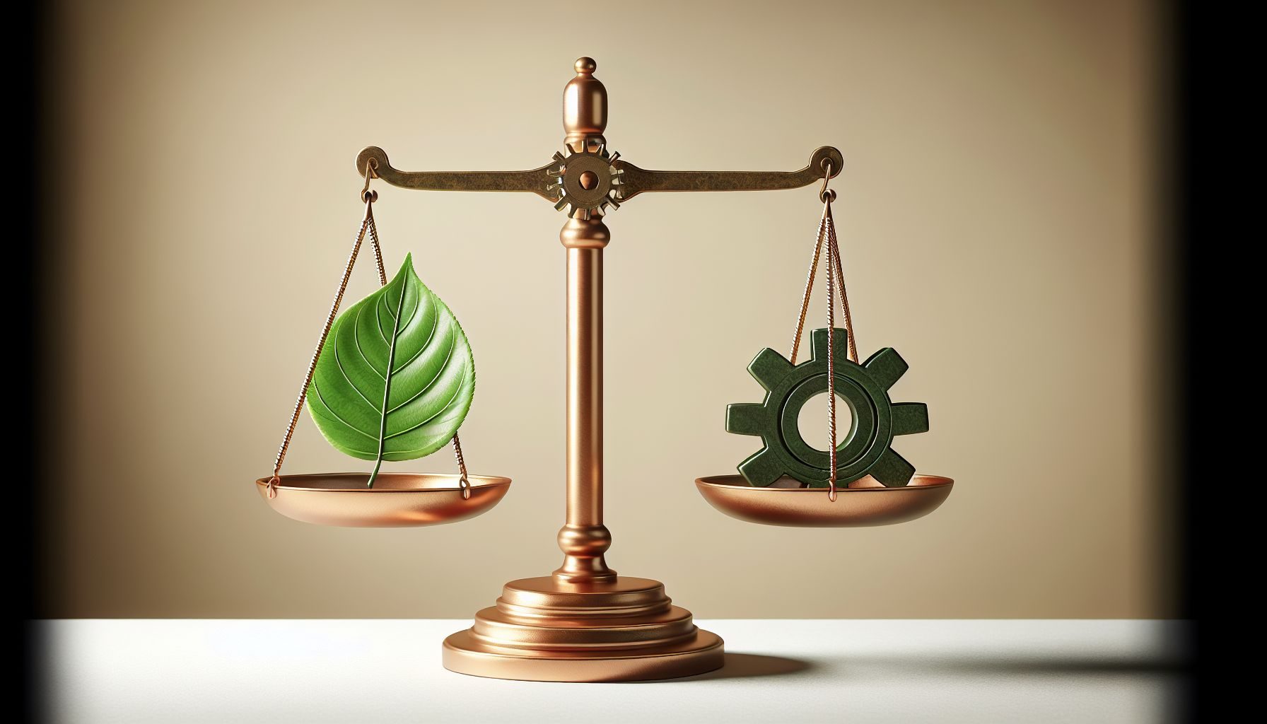 A balanced scale holding a leaf (symbolizing sustainability and corporate social responsibility) on one side and a gear (representing innovation and growth) on the other side, conveying the concept of long-term sustainability through innovation and corporate social responsibility in the German market.