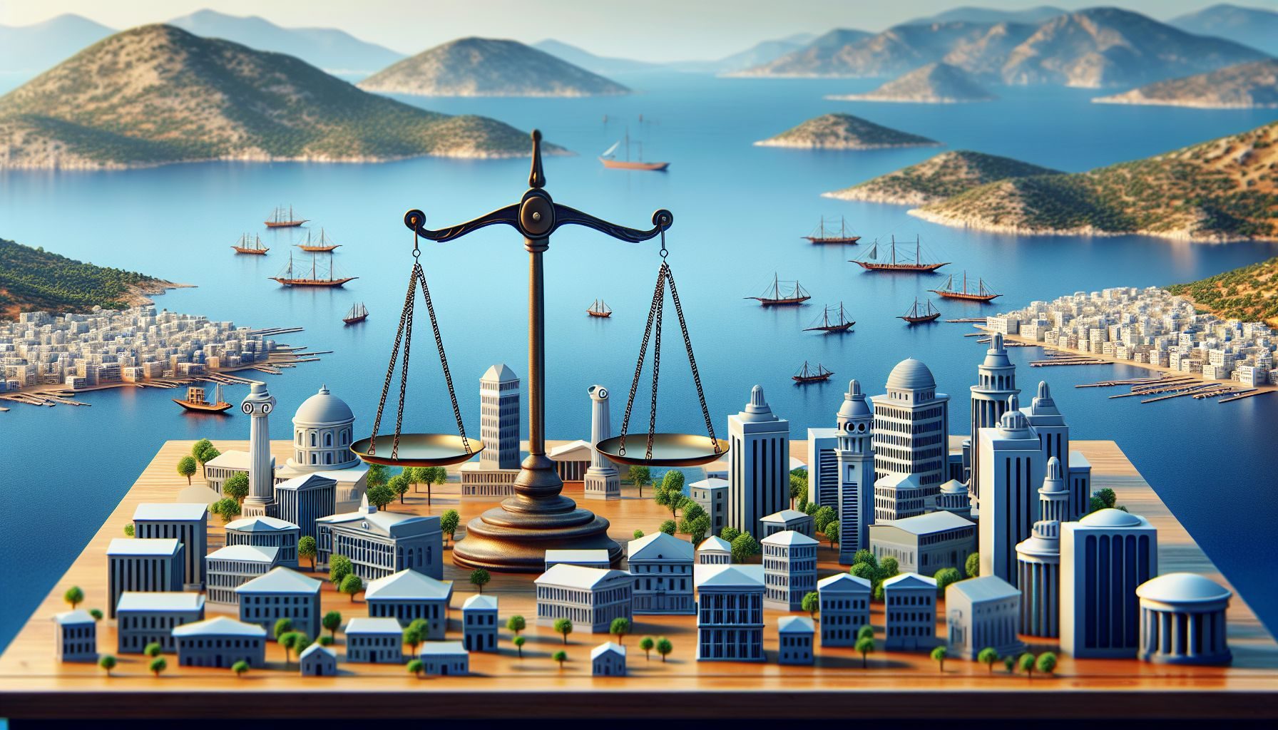 A beautiful landscape of Greece, with famous landmarks in the background and a set of scales in the foreground, depicting the balance between business challenges and opportunities in the country.