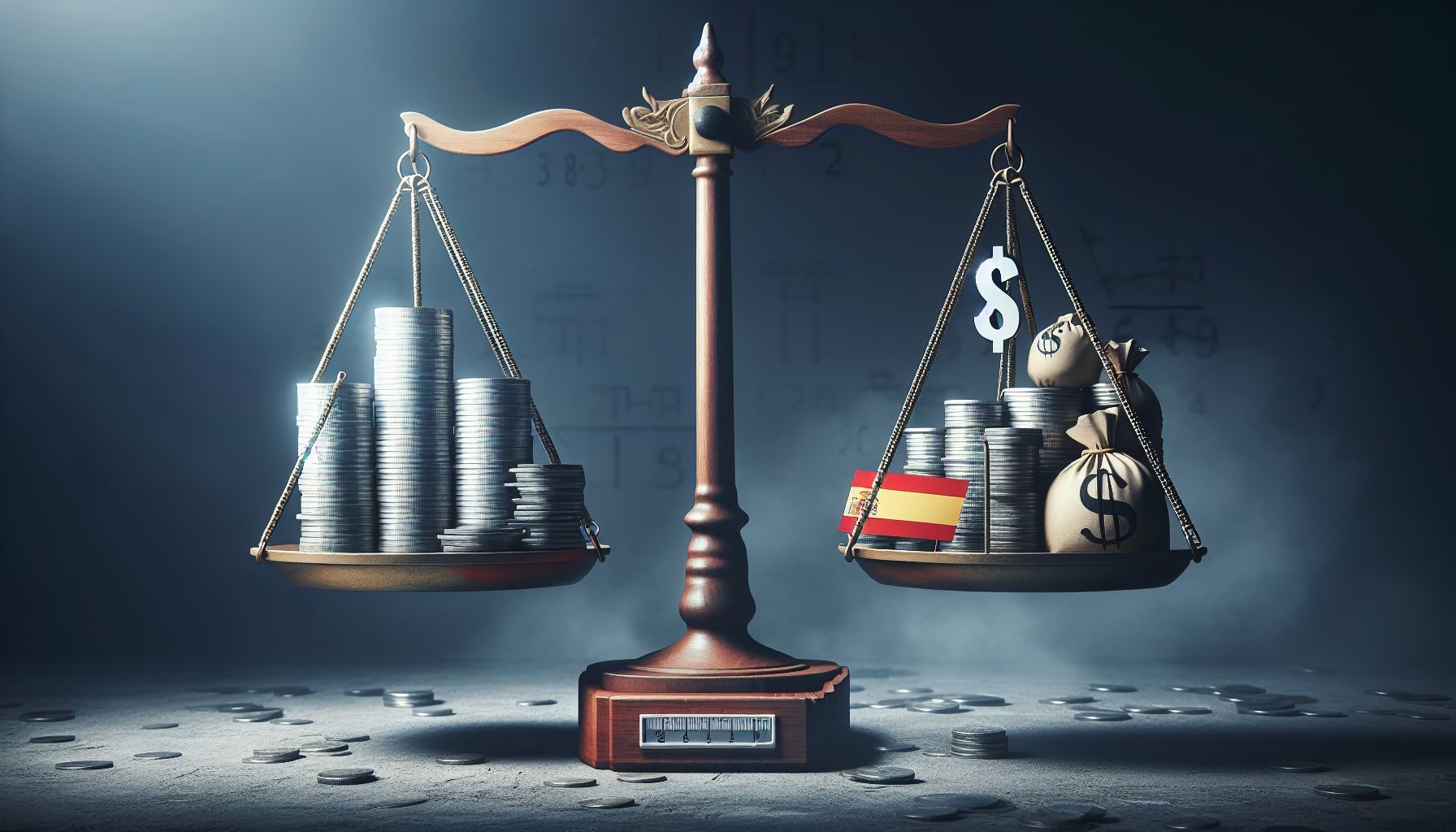 Des balances représentant l'équilibre entre le taux d'imposition des sociétés élevé et les bénéfices, symbolisant le risque fiscal dans le paysage des affaires espagnol.