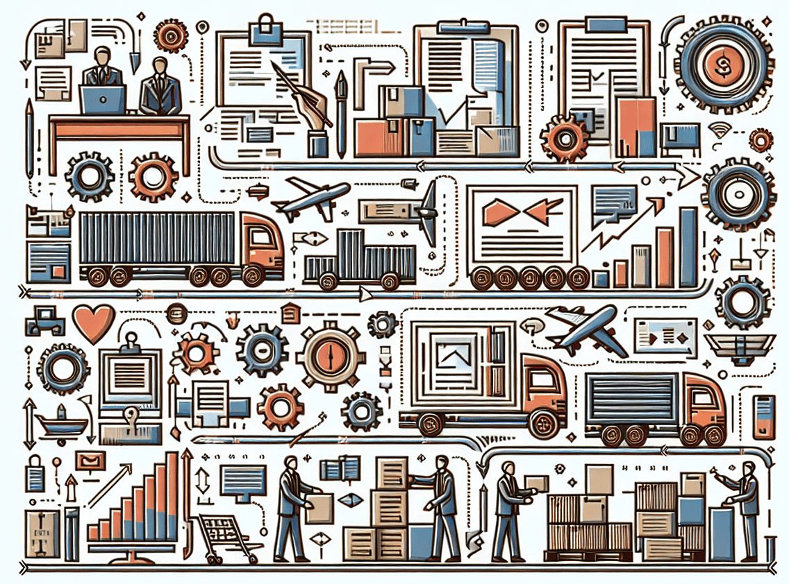 An illustrated diagram demonstrating the steps involved in importation process, including document preparation, navigating regulations, and logistics handling.