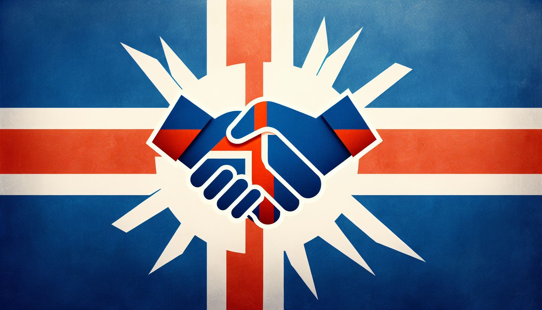 Handshake icon superimposed on the Icelandic flag, representing partnering with local enterprises in Iceland.