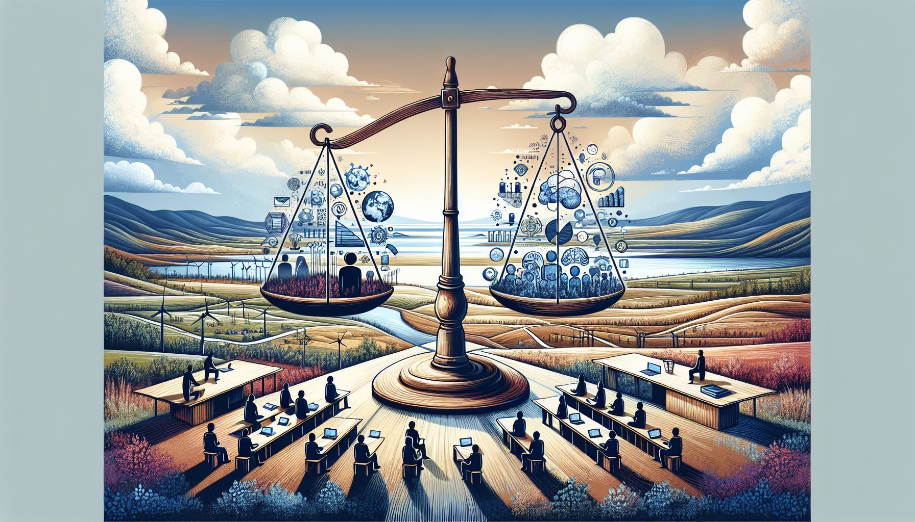 An illustrated scale balance displaying obstacles on one side representing operational challenges such as inconsistent internet infrastructure, linguistic variations and sourcing local talent on one side, and potential solutions on the other.