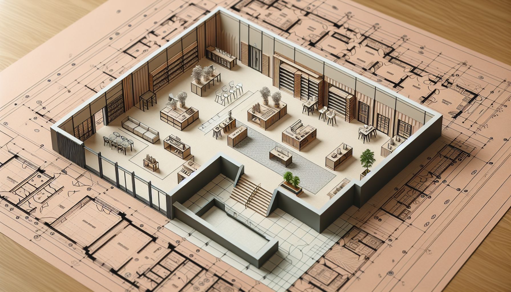 Ein Architektenentwurf für ein modernes Ladenlayout, mit Schwerpunkt auf wichtigen Aspekten wie Schaufensterdesign, Inneneinrichtung und Kundenfluss.