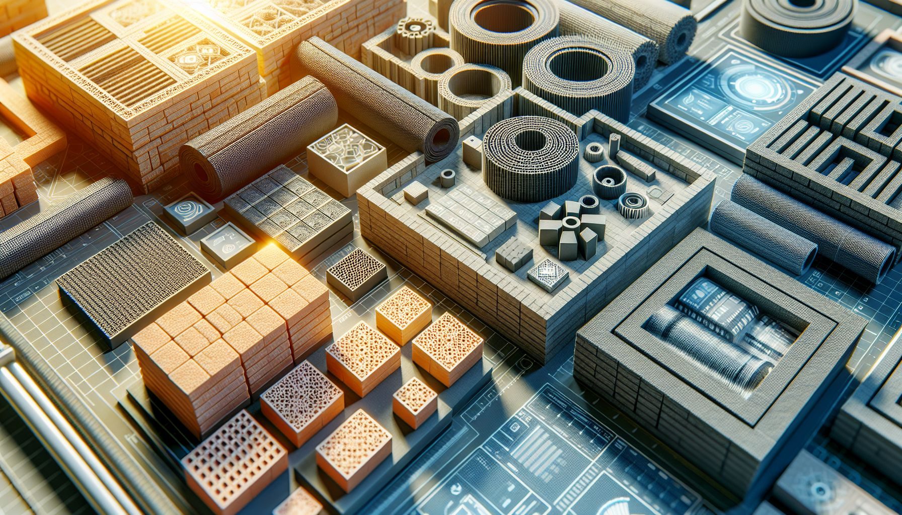 Close-up shot of high-quality construction materials, including bricks and energy-efficient materials.