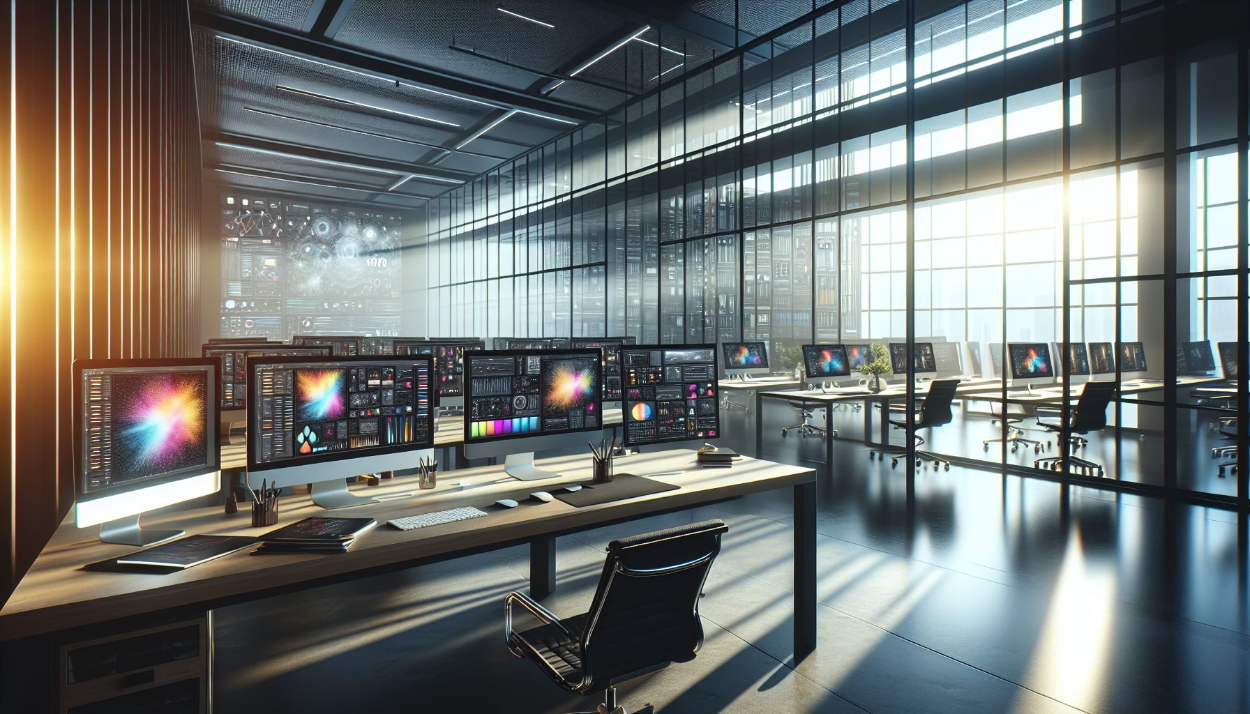 Vue d'un bureau moderne et élégant, éclairé par la lumière naturelle, où plusieurs écrans d'ordinateur reflètent les interfaces utilisateur de Microsoft Office 365, Adobe Creative Cloud, Salesforce, Slack et Google Workspace.