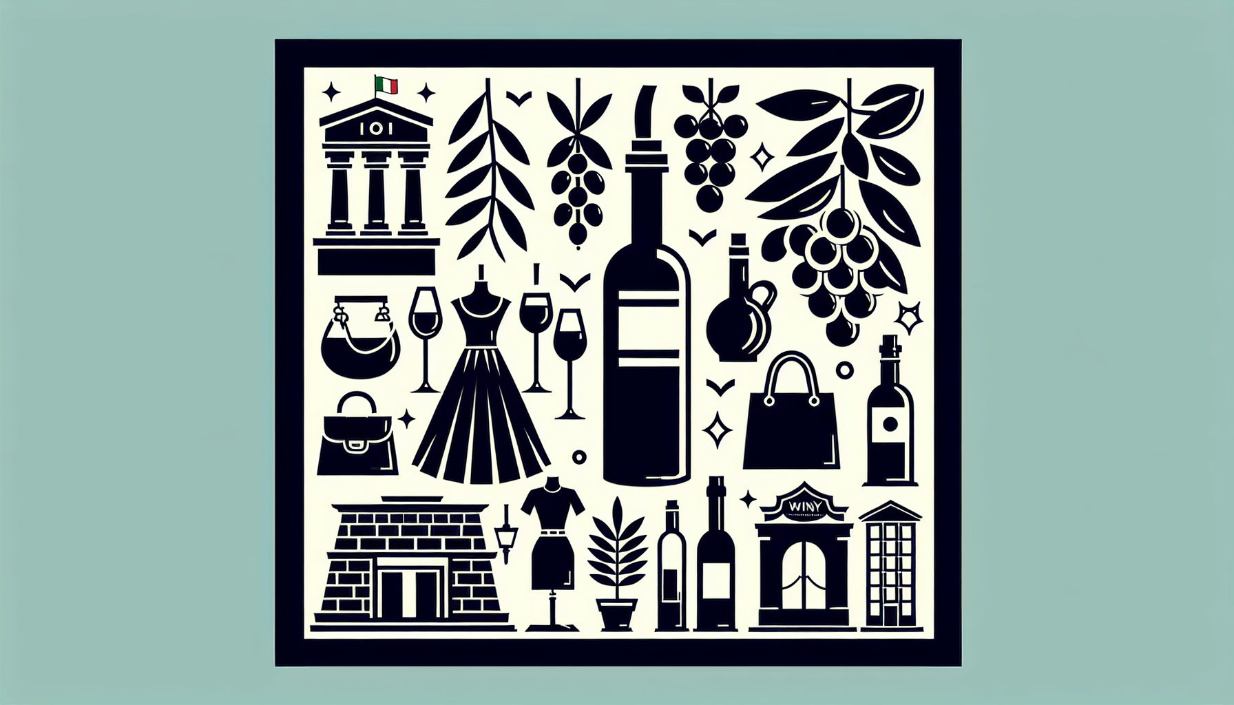 A graphic representation of diverse types of goods commonly imported into Italy such as wine, olive oil, fashion items etc.