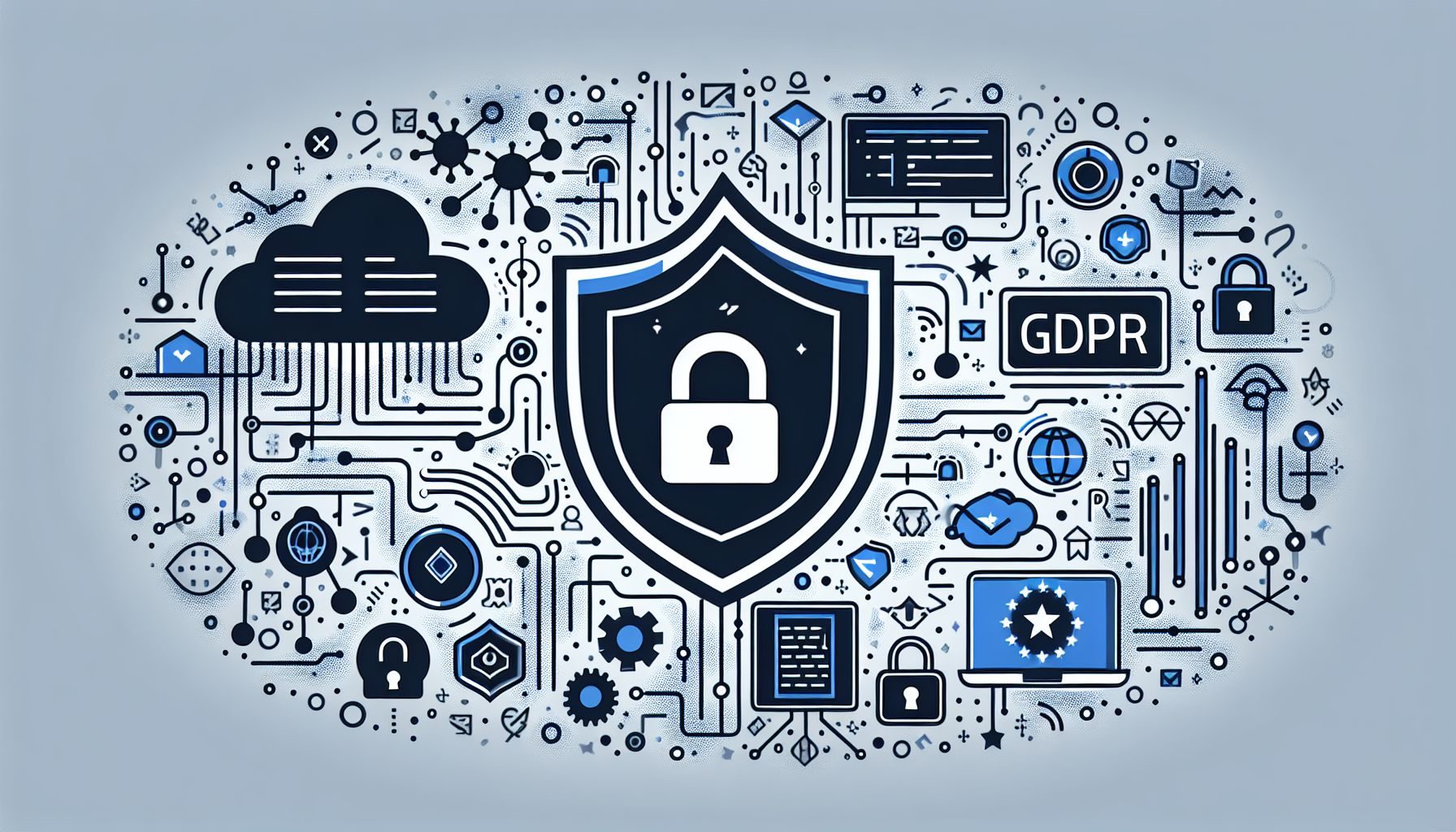 Eine grafische Darstellung der Allgemeinen Datenschutzverordnung (DSGVO) mit relevanten Symbolen, die die wichtigsten Aspekte der Verordnung veranschaulichen.