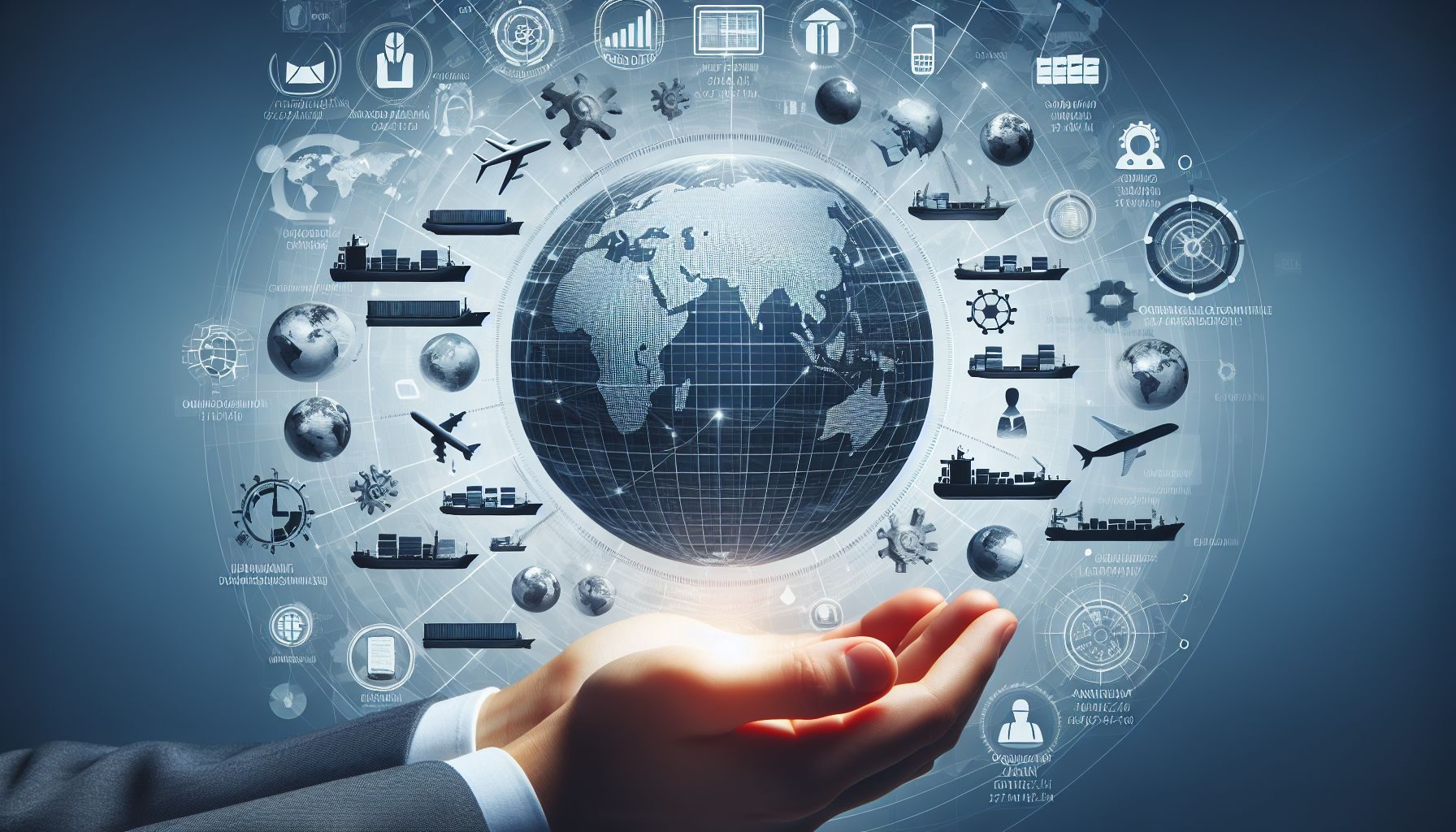 Una imagen conceptual de un globo con varios iconos internacionales de envío que significan relaciones comerciales globales.