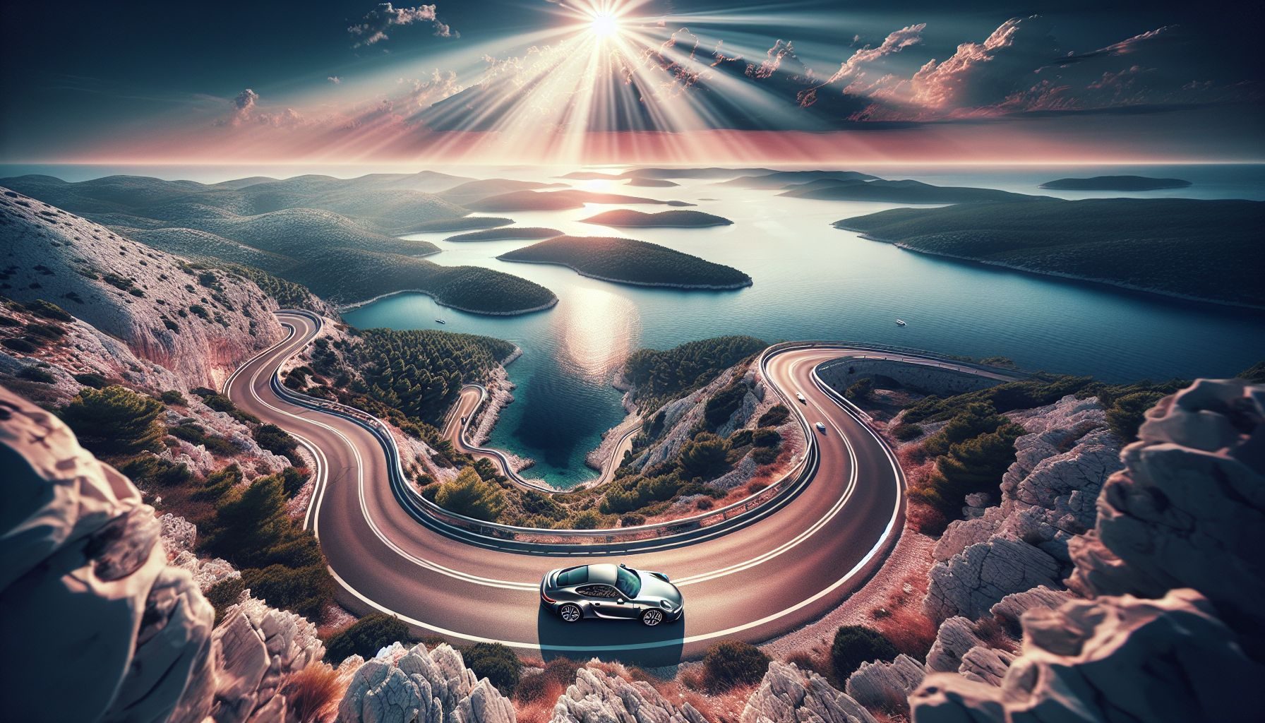 A stunning panoramic shot of an Audi A8 running on a sweeping, sunlit coastal road in Croatia showcasing its majestic design and exquisite craftsmanship.