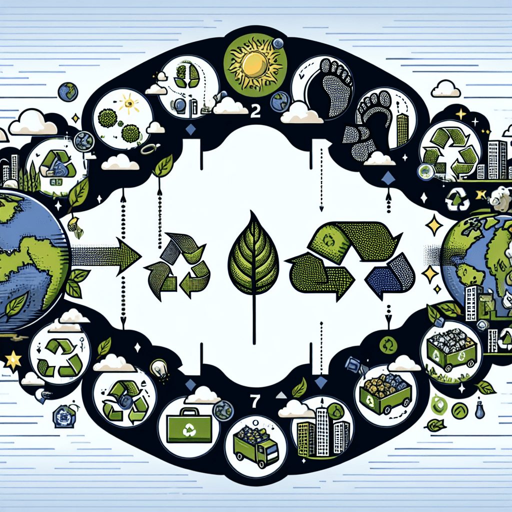 A sequence of emblems conveying the process of sustainable transformation within businesses, starting with an illustration of a carbon footprint, evolving into recycling symbols and ending with a green leaf/planet.
