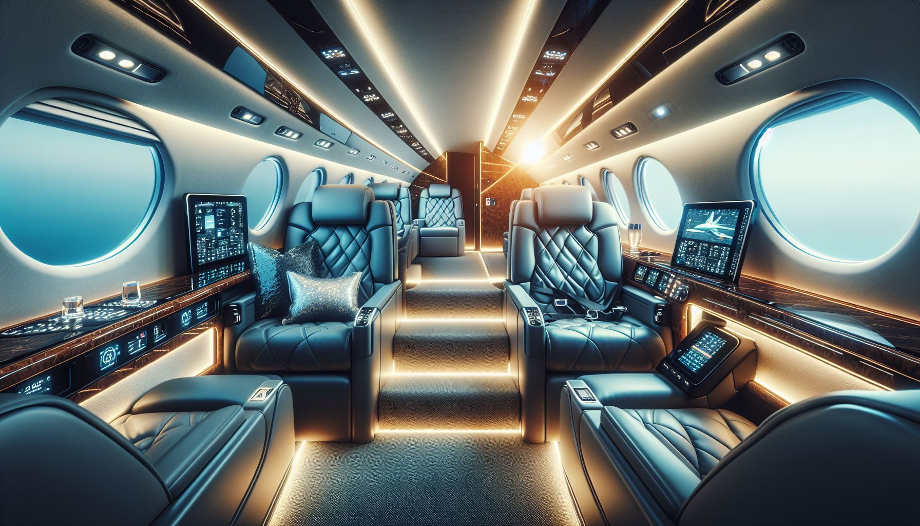 Ein gut ausgestattetes Cockpit eines luxuriösen Privatjets, das Knöpfe, Zifferblätter und ein High-Tech-Navigationssystem vorführt, betont die Komplexität des Flugzeugbesitzes.