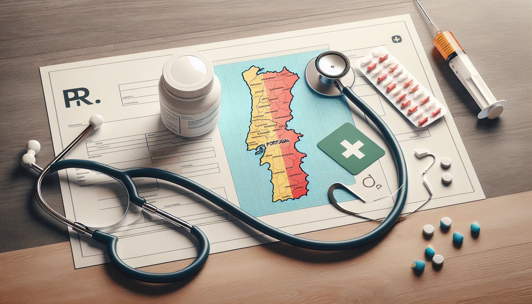 Eine Nahaufnahme einer Gesundheitskarte aus Portugal, positioniert neben einer Karte des Landes, die ihre geografische Lage auf der Iberischen Halbinsel zeigt.