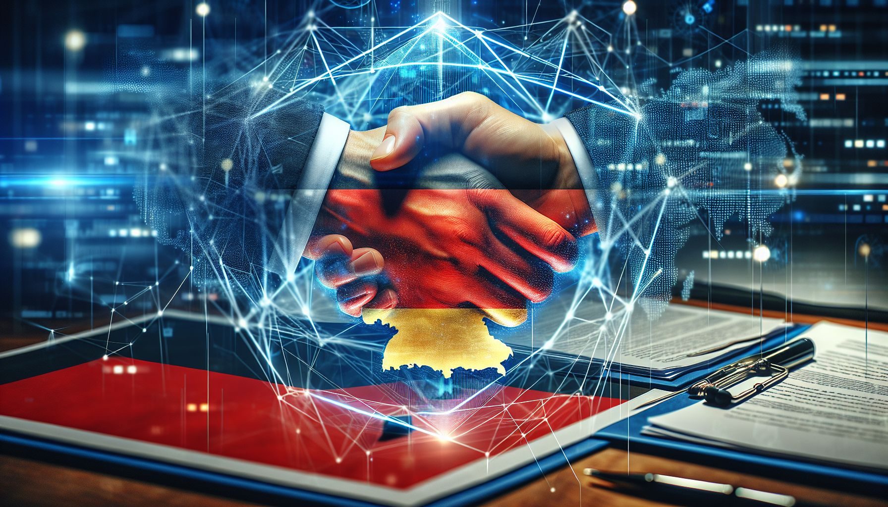 Abstract imagery symbolizing the establishment of a business partnership in Germany, perhaps featuring hands shaking over a business contract, digital networks connecting points on a map, or a stylized merger symbol.