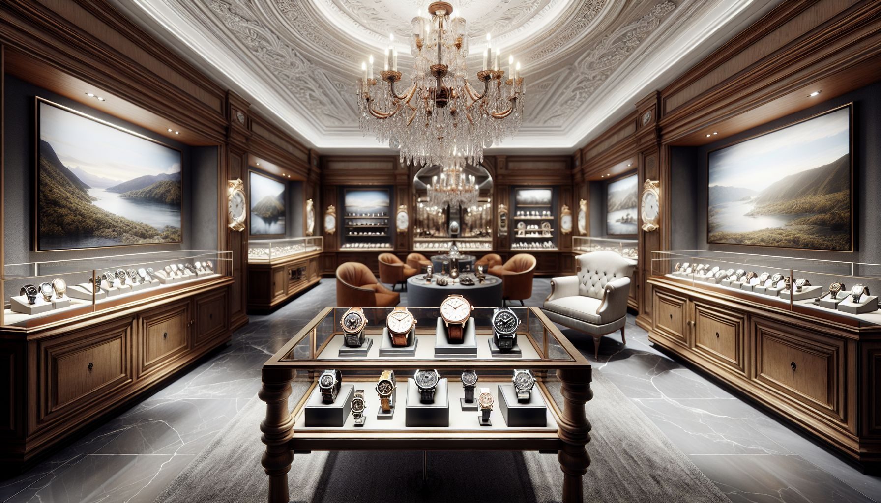 An expansive and lavishly decorated authorized watch dealership in Italy, showcasing an impressive variety of timepieces from globally renowned brands.