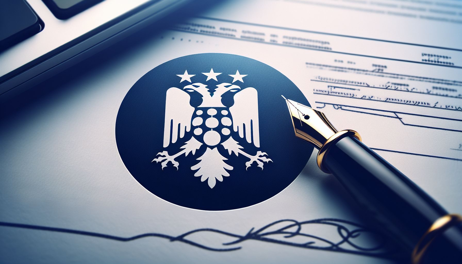 El símbolo o emblema del Consejo de Competencia de Bosnia y Herzegovina, desvaneciéndose sutilmente en un fondo que muestra un documento llenado con una pluma fuente inmaculada, significando el proceso de cumplimiento con los requisitos regulatorios.