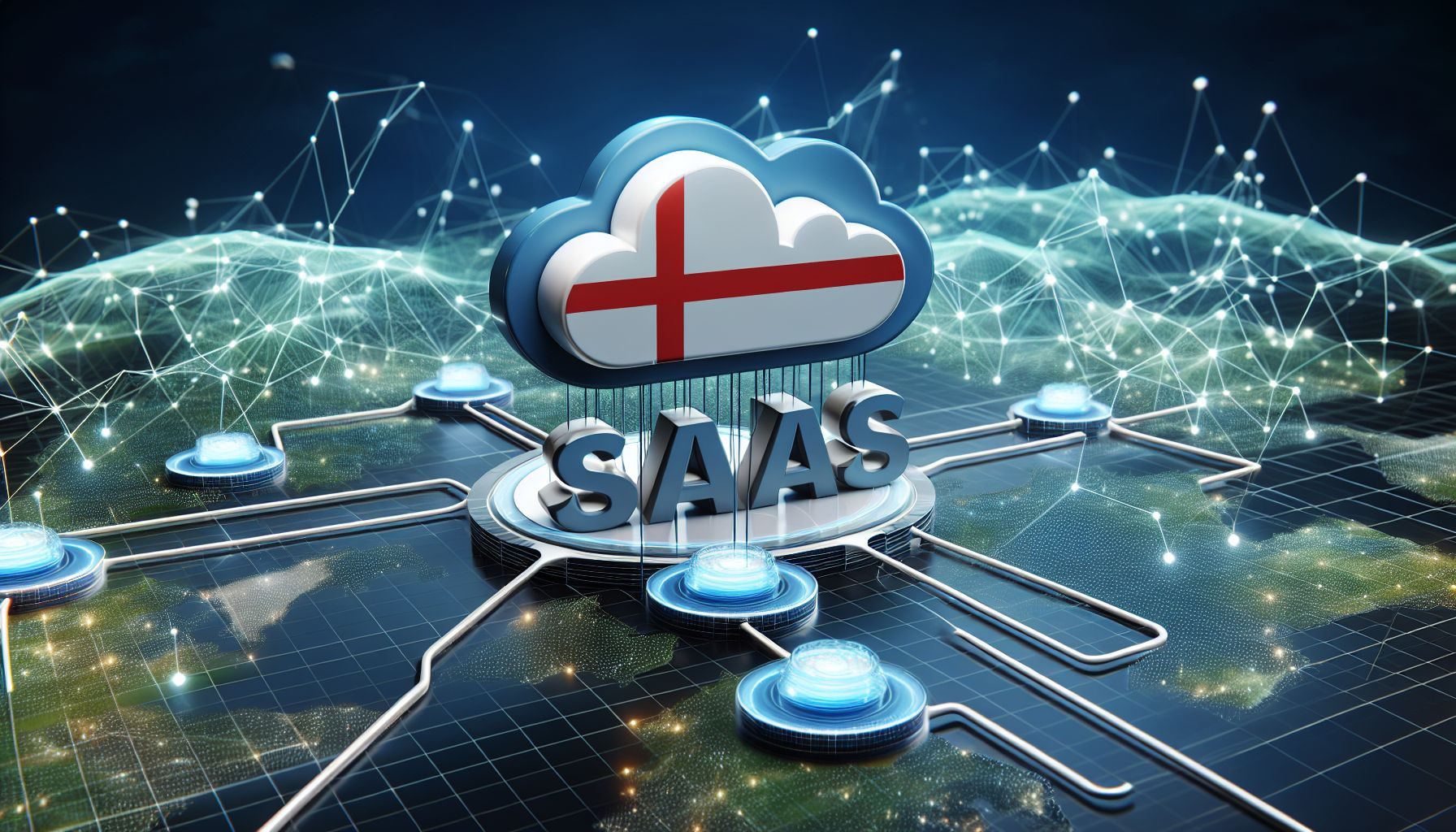 Uma representação gráfica 3D de um sistema de rede em nuvem SaaS, simbolizando a infraestrutura digital na Dinamarca.