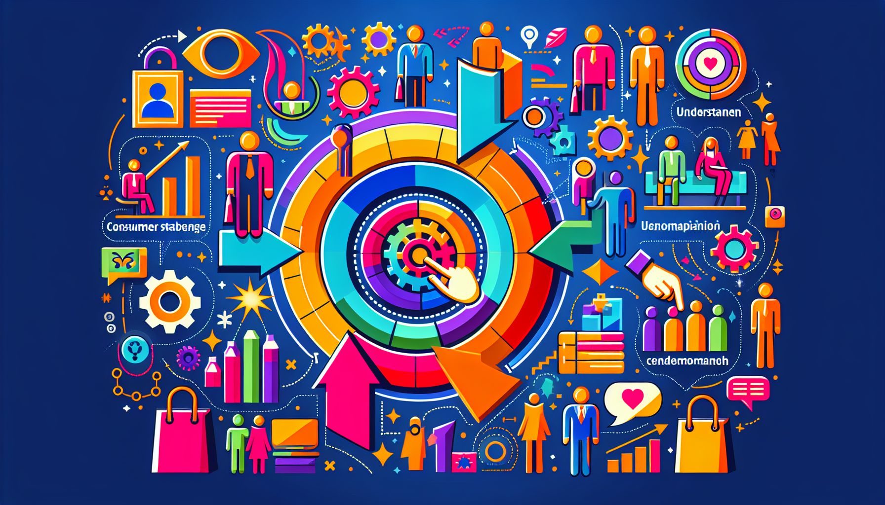 A vibrant graphic representation depicting the process of understanding consumer behaviour and tailored marketing strategies for the Romanian market.