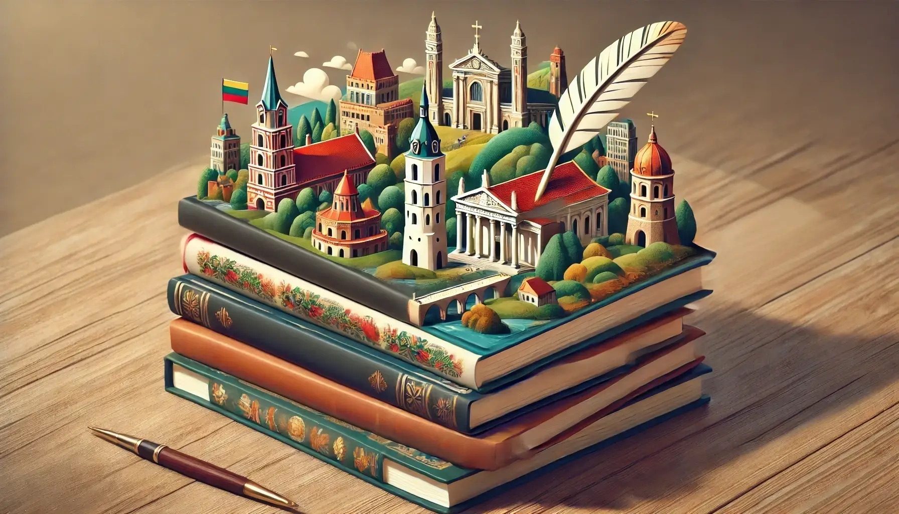 كومة من الكتب بأغلفة تظهر معالم ليتوانيا المختلفة، و قلم ريشة على القمة، يرمز إلى إنشاء المحتوى المُخصص لثقافة ولغة سوق ليتوانيا.
