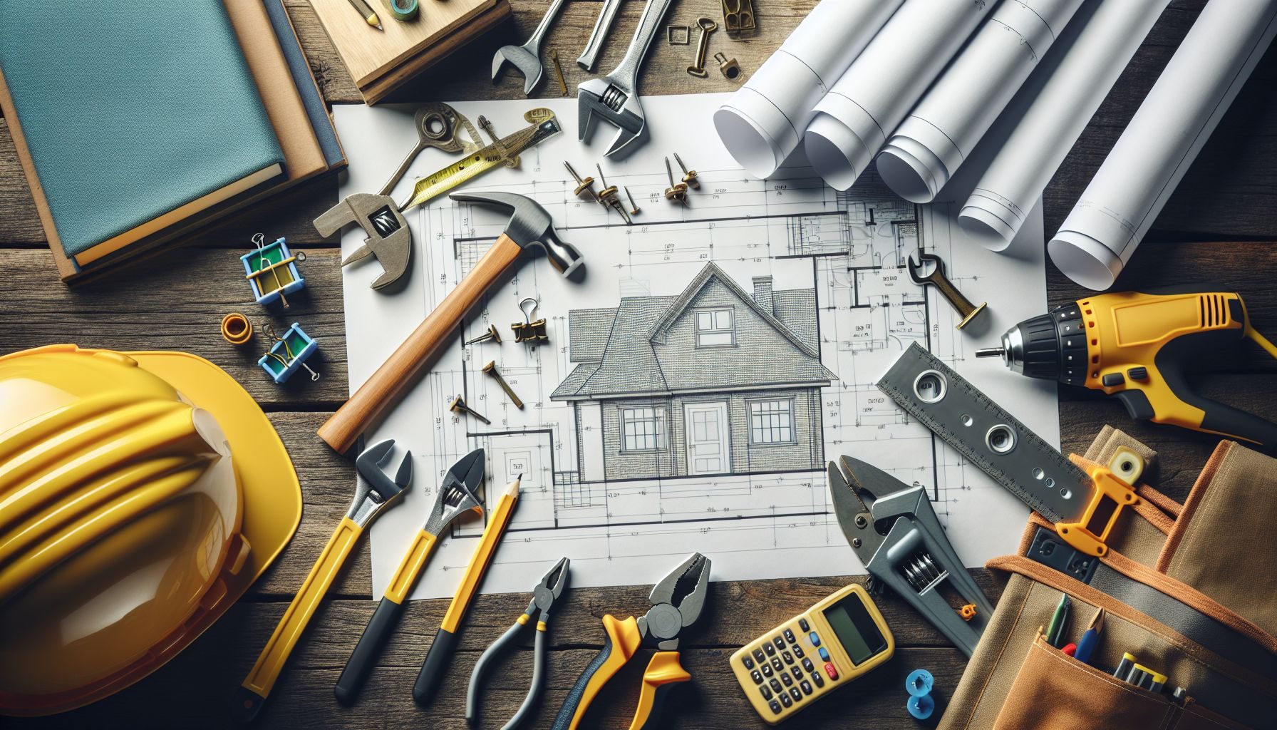 新築の家を建てるための計画と作業を象徴する、木製のテーブルの上に配置された建設用具、設計図、ハードハットの展開。