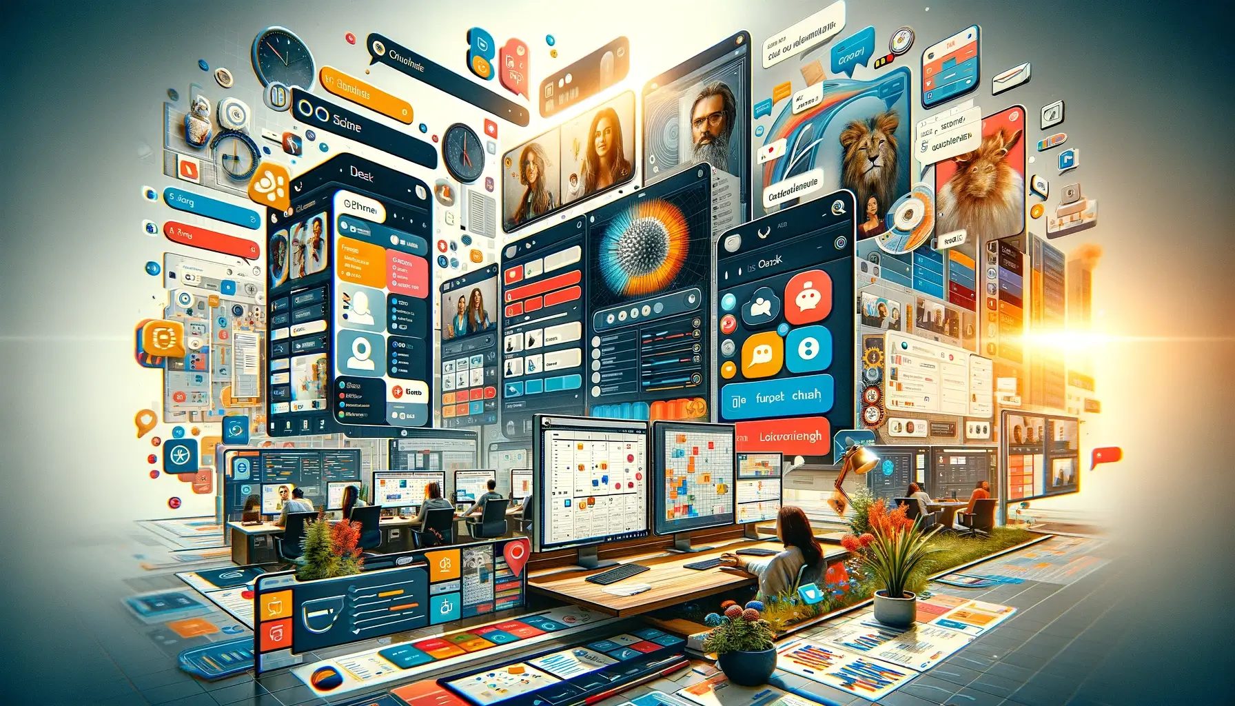 a montage of digital collaboration tool interfaces like Slack, Zoom, and Asana, with mock messages and tasks that represent a thriving virtual team environment.