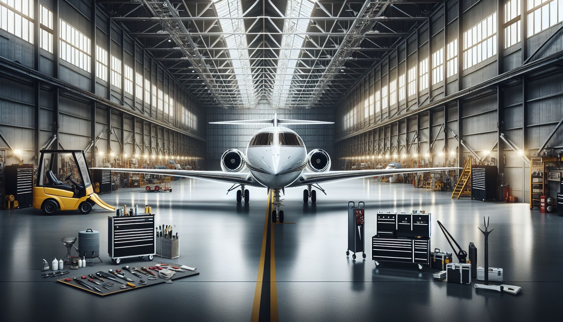 Ein gut gepflegter Privatjet in einem Hangar, der die Bedeutung von Pflichten nach dem Kauf symbolisiert, einschließlich routinemäßiger Wartung und Überlegungen zur Lagerung.