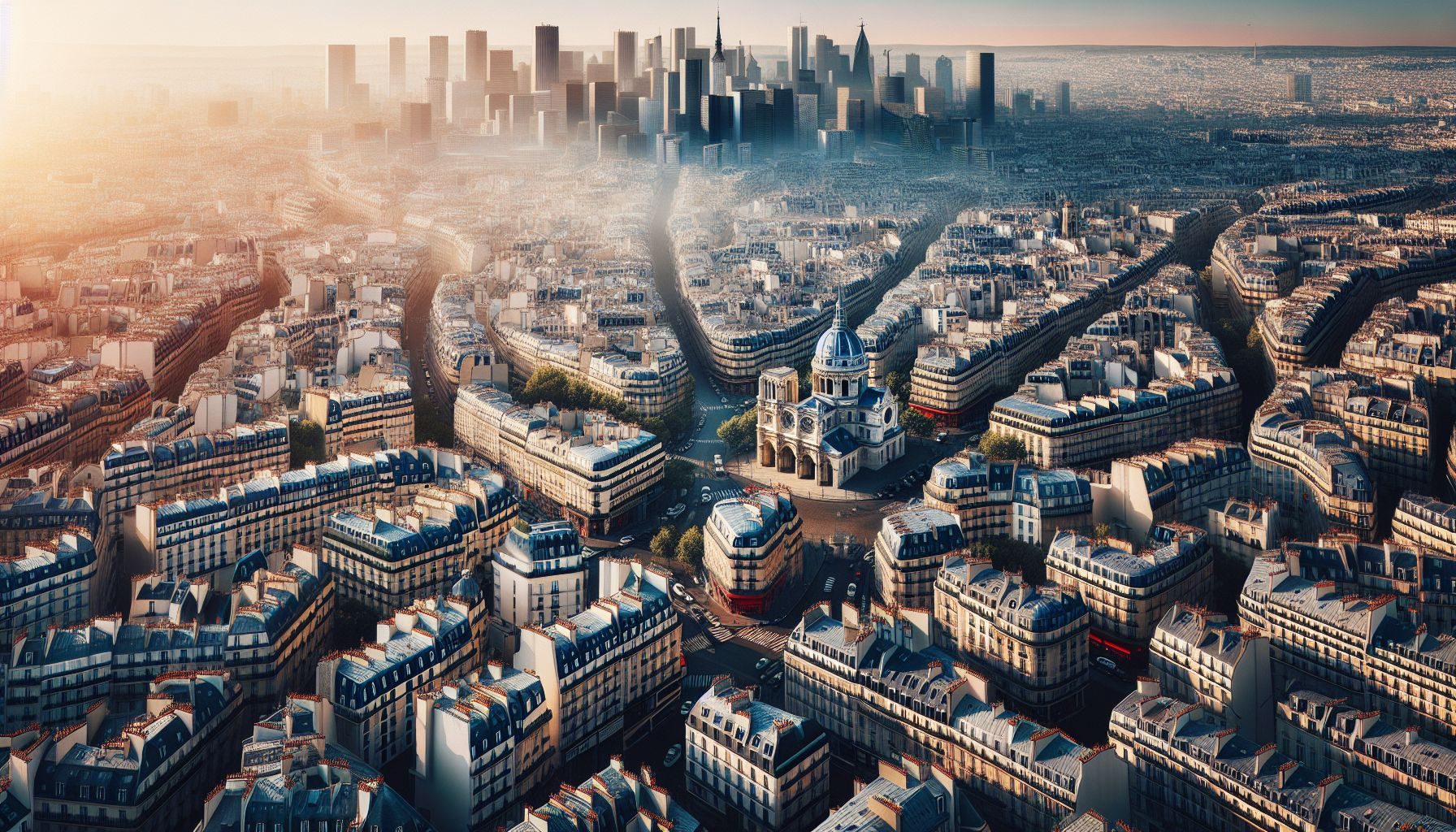 Una vista aérea del paisaje urbano de París, con su mezcla de arquitectura histórica y moderna, simbolizando la diversidad y las características únicas del mercado francés.