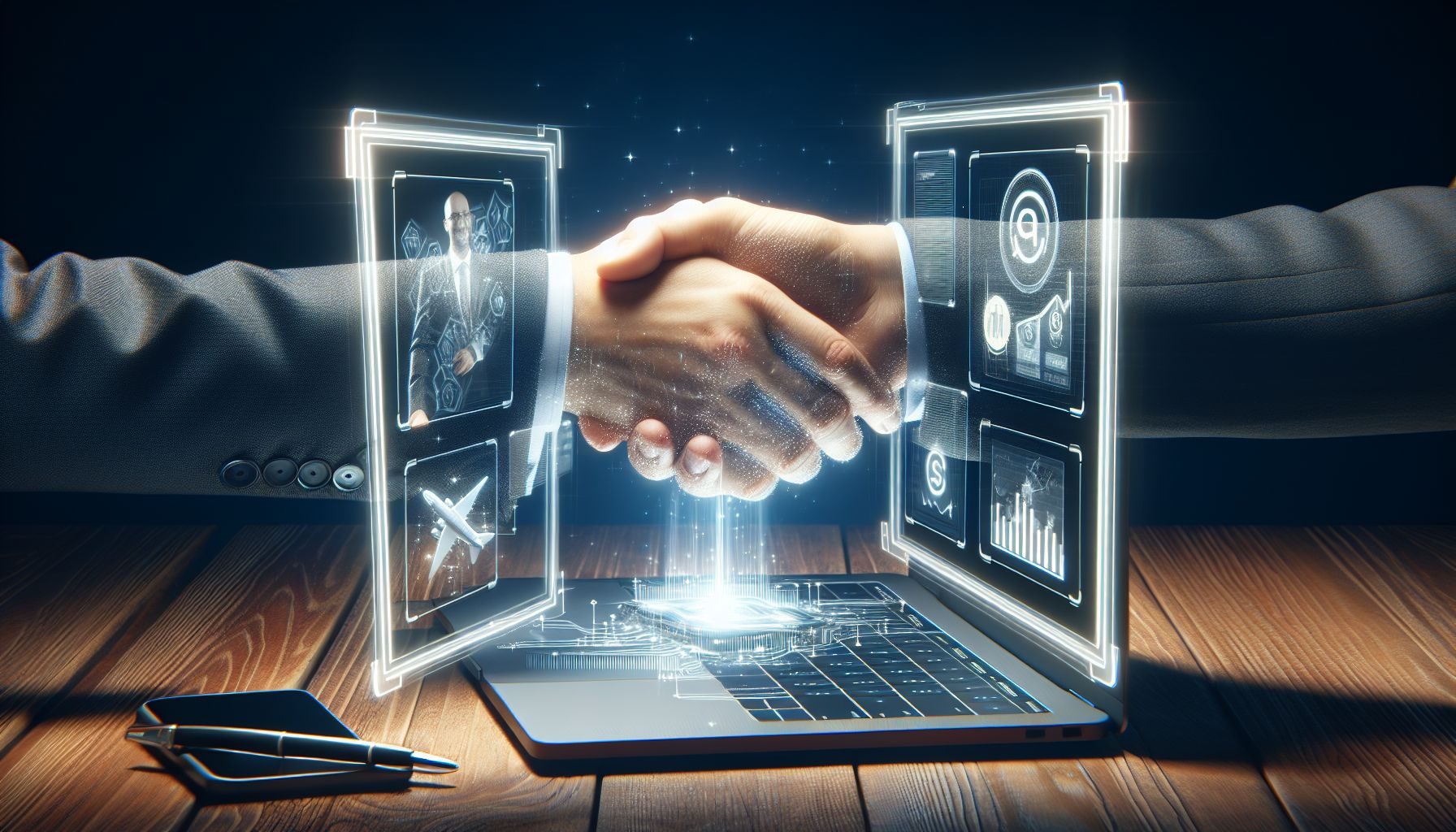 Ein Bild, das eine erfolgreiche Partnerschaft symbolisiert, wie zum Beispiel zwei sich schüttelnde Hände über Computerschirme, das eine Fernberatung und Unterstützung beim Markteintritt darstellt.