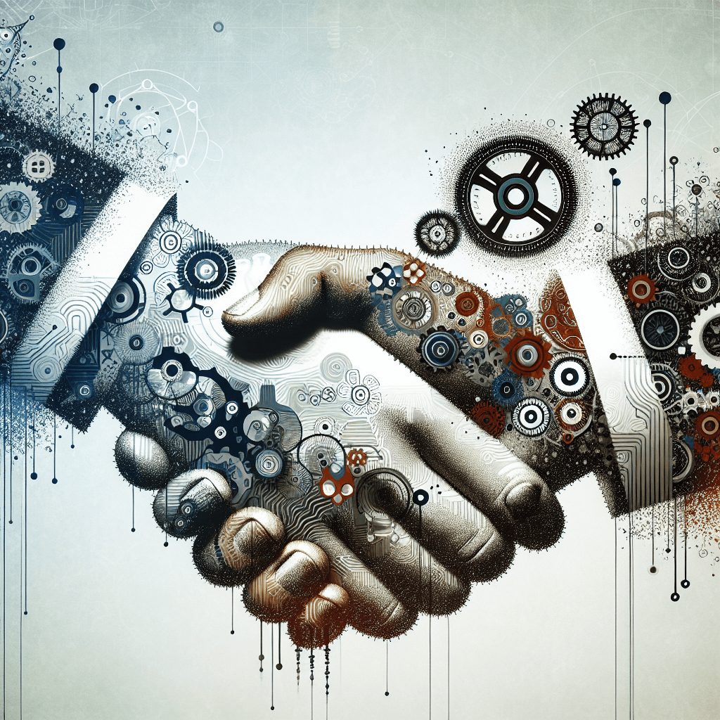 An abstract interpretation of successful partnerships in business. Graphic representations of two hands meeting to form a handshake, combined with depictions of elements such as gears, suggesting the workings of a successful partnership, would be fitting.