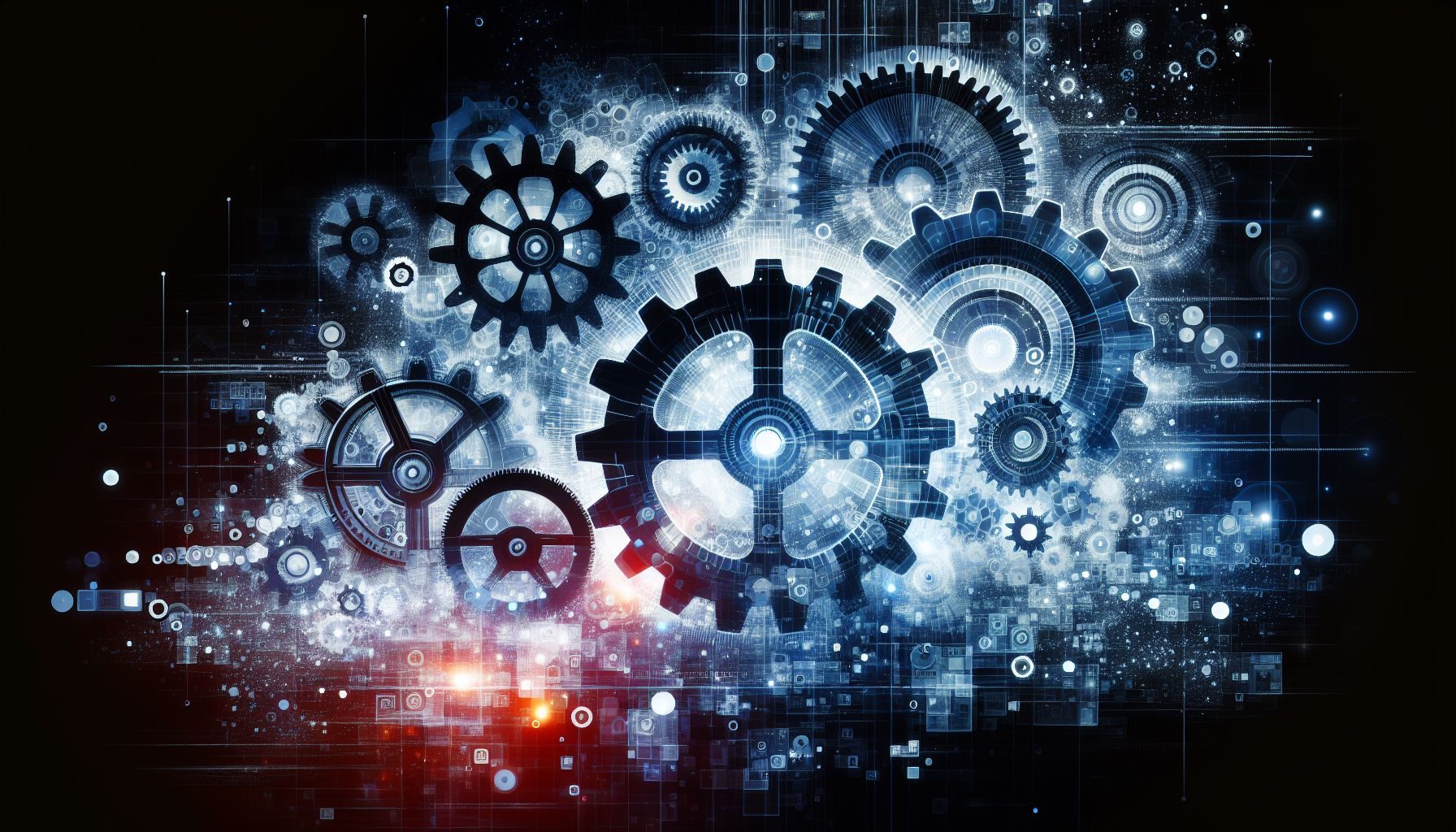 Une image abstraite représentant plusieurs engrenages fonctionnant en harmonie, symbolisant la synergie des différentes stratégies utilisées dans l'infrastructure de support client bulgare.