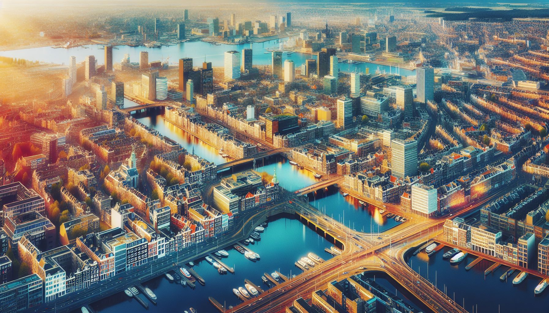 vibrant aerial view of Amsterdam, showcasing the well-planned urban infrastructure and iconic Dutch architecture, illustrating the country's business-friendly environment.