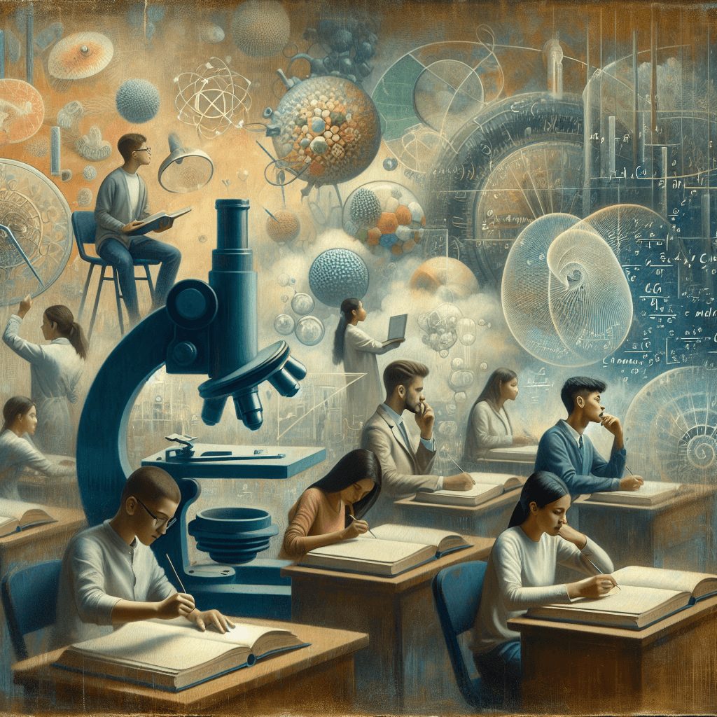 An image depiciting students involved in various intellectual pursuits related to specific subject areas. For example, a student studying a microscopic specimen, or another working on a mathematical equation.