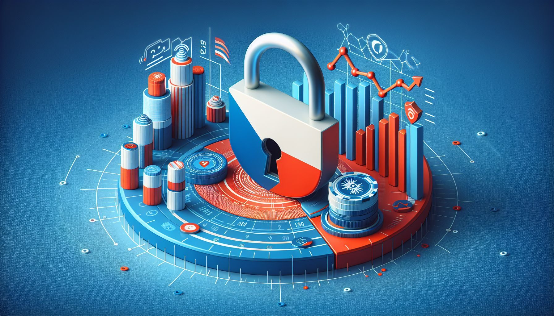 A symbolic illustration of the challenges faced in Czechia's digital marketing landscape, such as a closed lock for data privacy and a graph indicating intense competition.