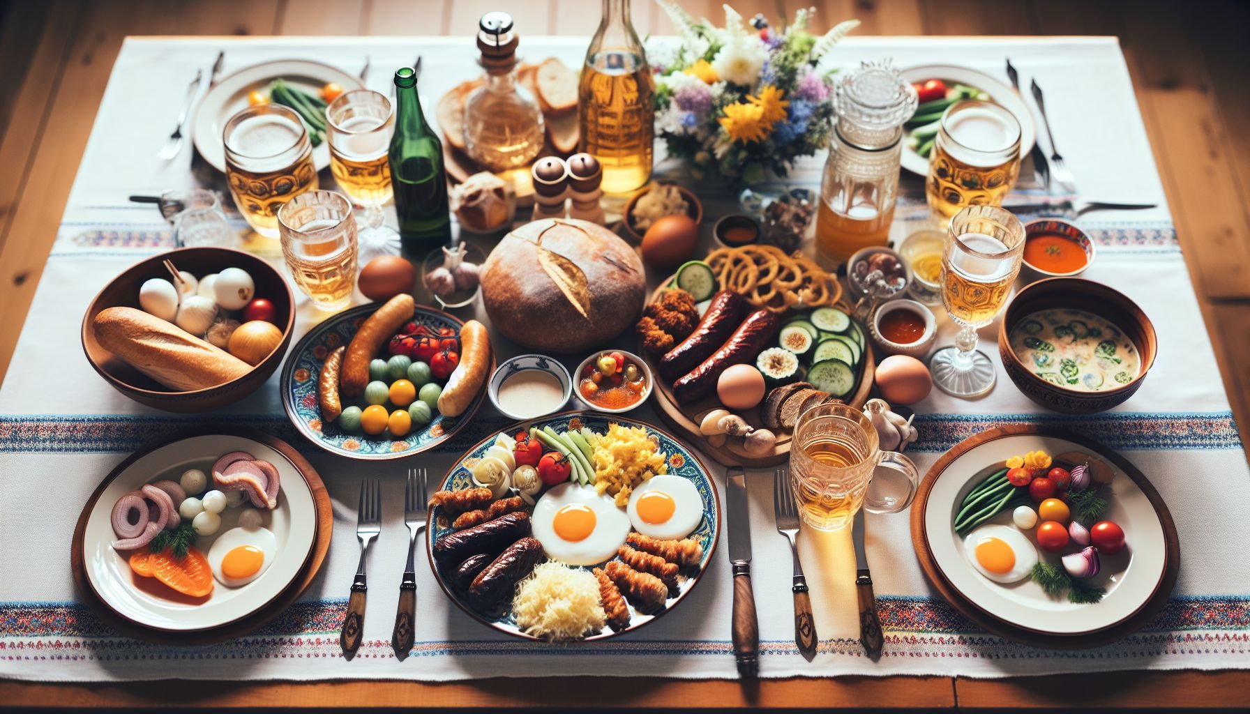 伝統的なスロバキアの食事のためにセットされたテーブルのクローズアップ写真、地元の料理や飲み物を含む、個々の食事者を除いてください。
