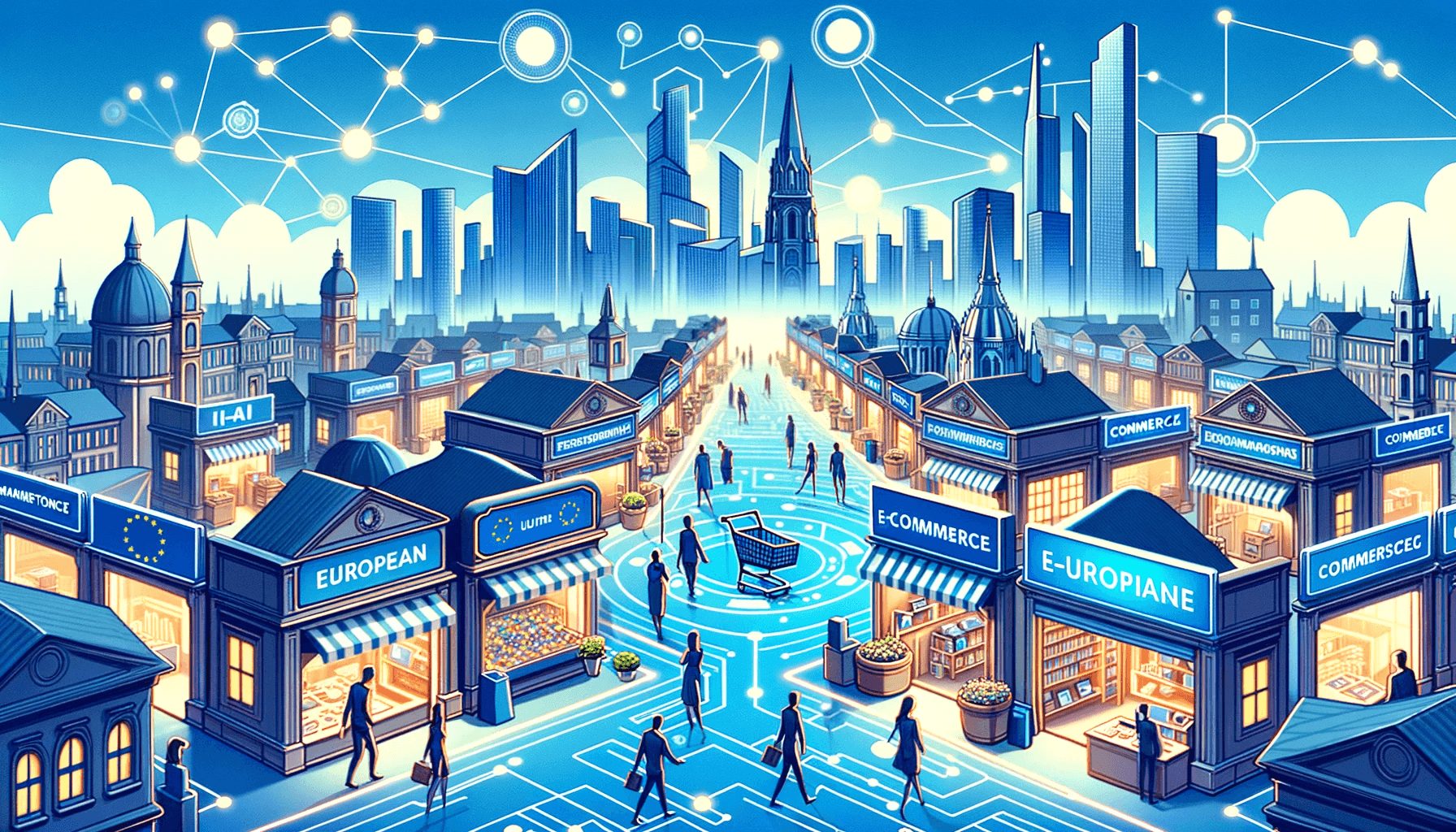 Illustration landscape depicting a European digital marketplace. There are virtual stalls representing various sectors, from AI-driven solutions to e-commerce.