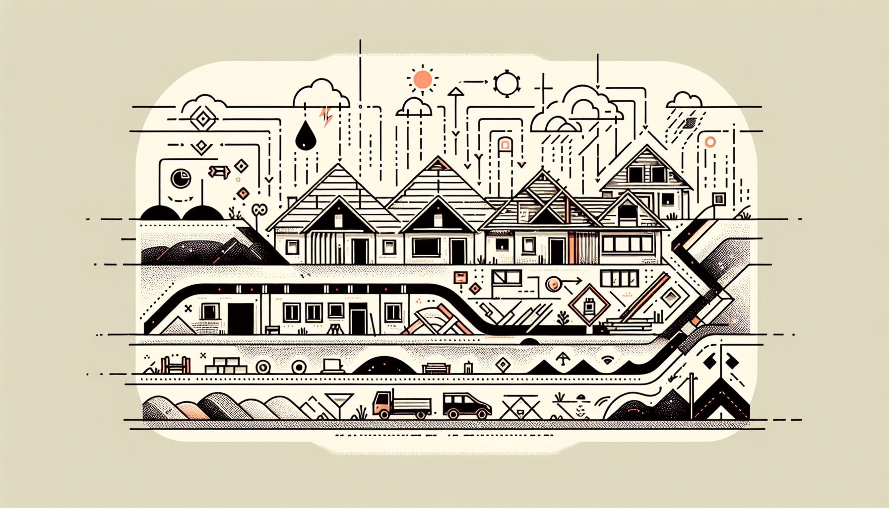 A conceptual graphic representation of a detailed timeline from plot acquisition to a fully built house, showcasing the various stages and potential influencing factors of the construction process in Czechia.