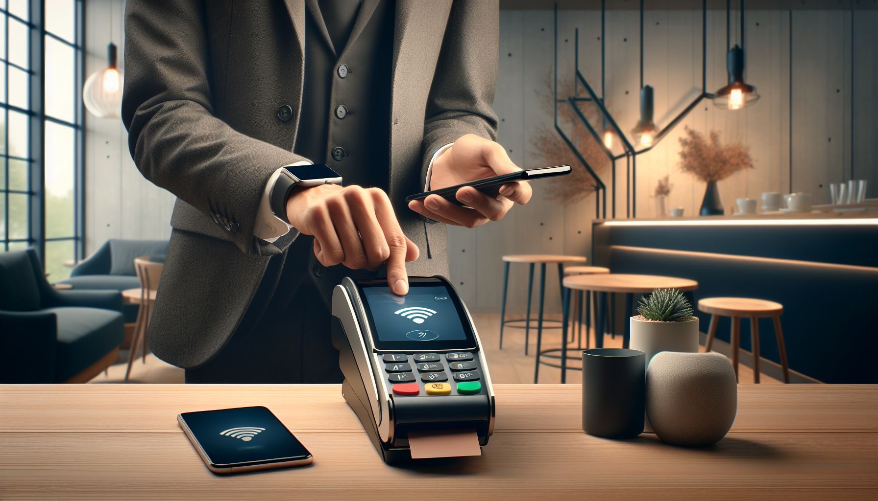 Anzeige eines Smartphones und einer Smartwatch neben einem Zahlungsterminal, was den wachsenden Trend von NFC- und kontaktlosen Zahlungen in Estland widerspiegelt.