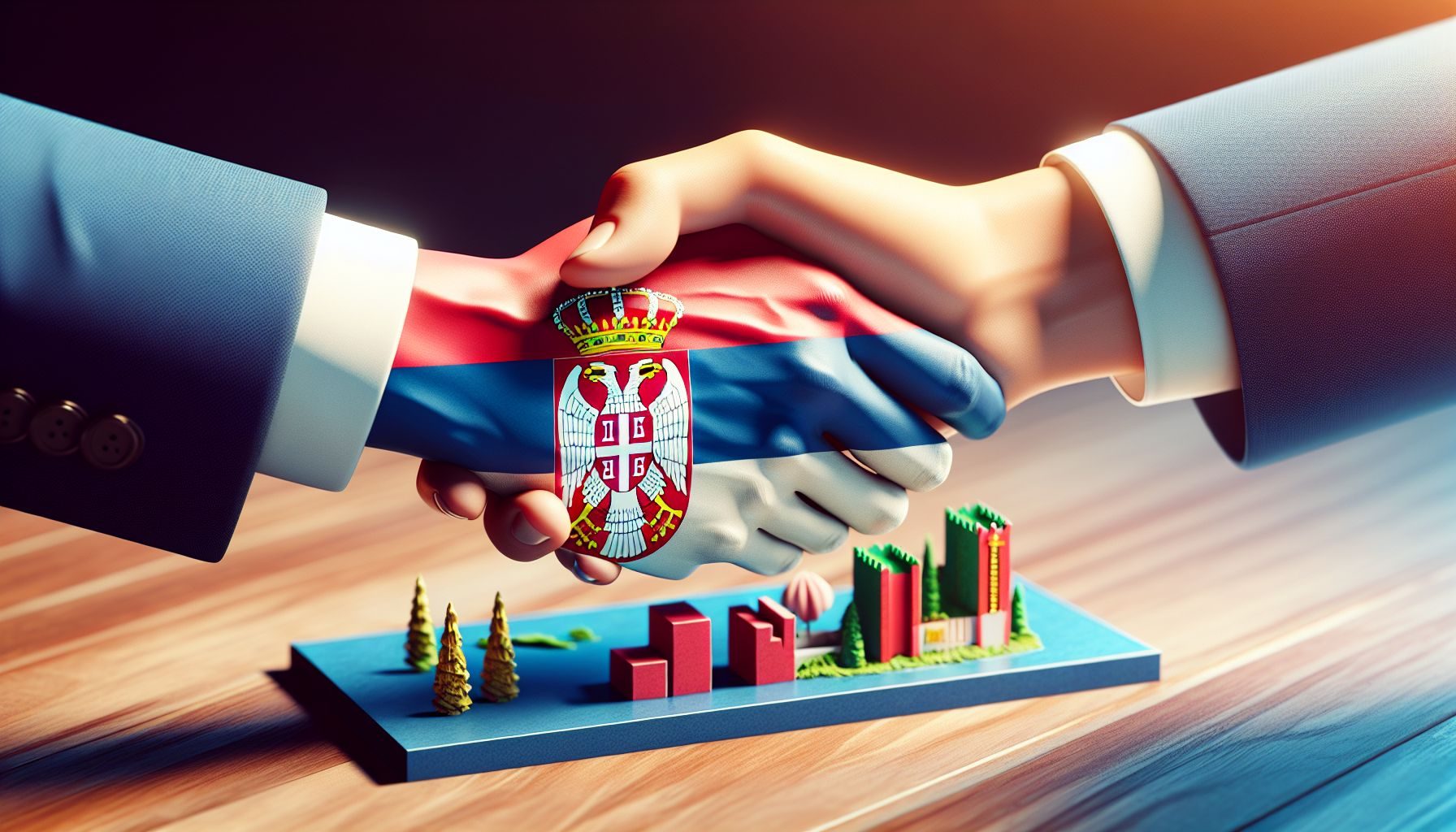 Uma imagem impressionante de mãos se apertando sobre um modelo da Sérvia ou bandeira sérvia, significando parceria com uma organização de consultoria.