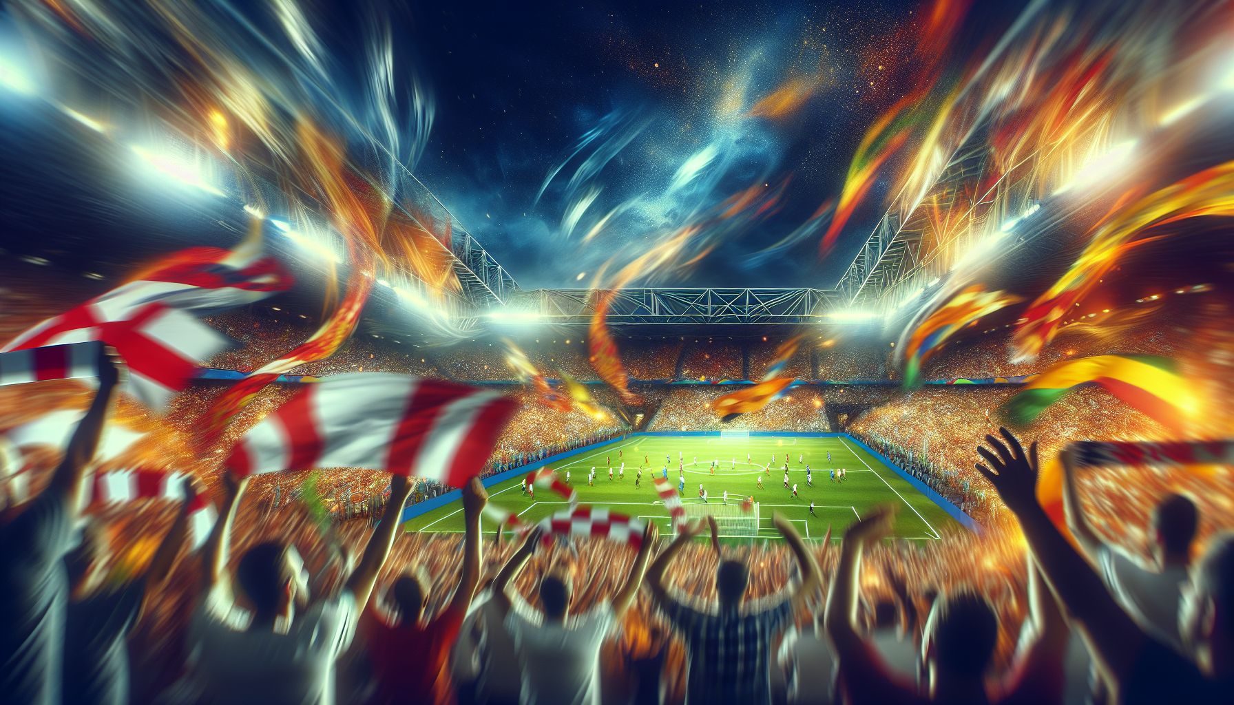 A dramatic shot showing the energy of a packed football stadium during a UEFA Champions League match with fans waving scarves and flags.