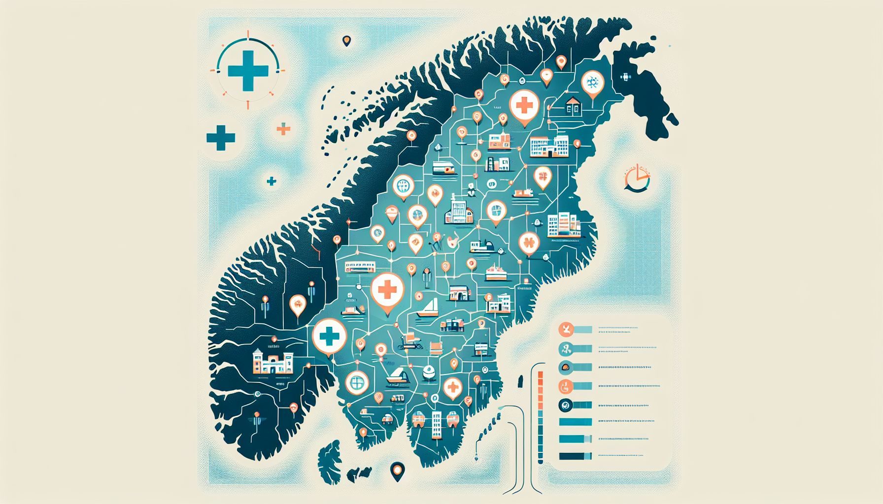 A map of Norway with markers or overlays indicating the locations of the Regional Health Authorities and highlighting the spread of healthcare facilities across the country.