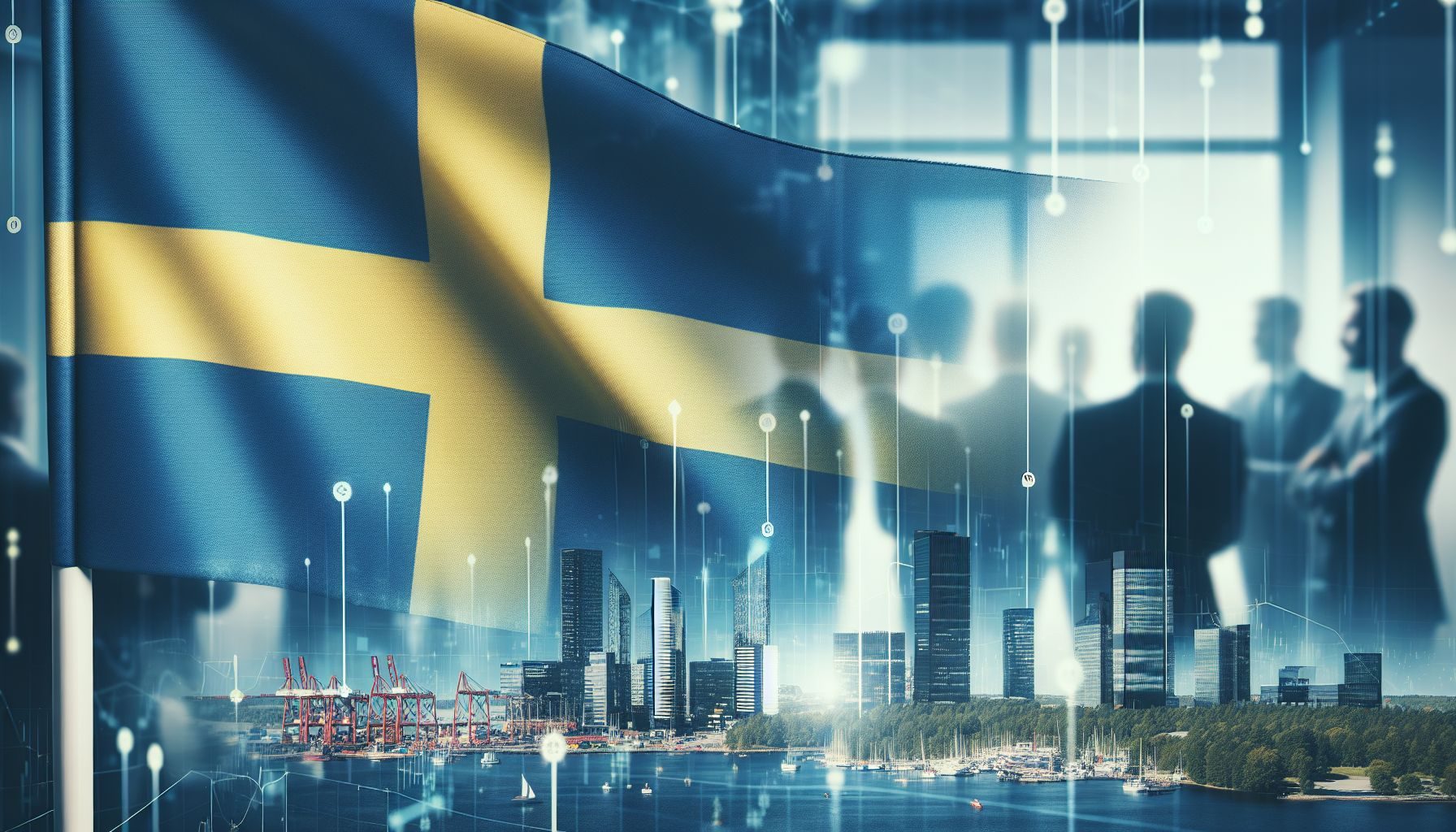 A macro shot of a Swedish flag against the backdrop of a blurred cityscape, symbolizing the focus on Sweden's labor market.