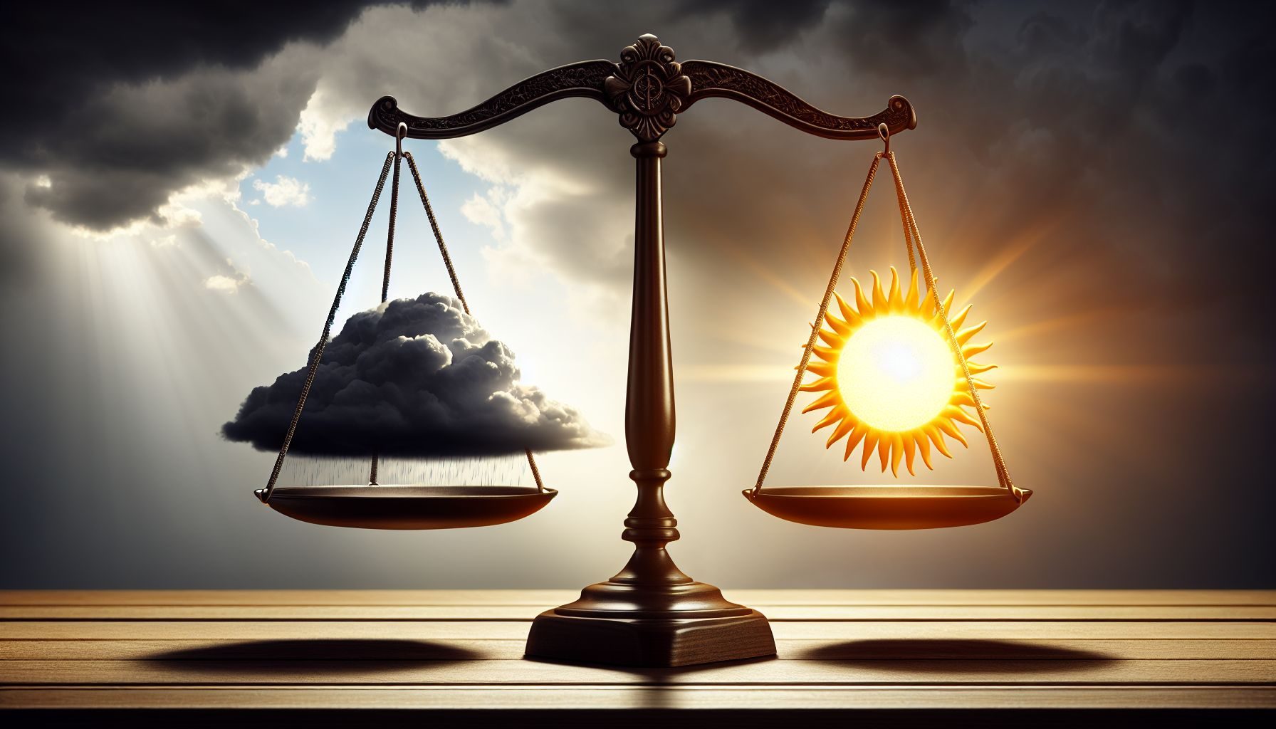 A balanced scale symbolizing the challenges and opportunities of doing business in Türkiye with elements like a storm cloud and a shining sun.