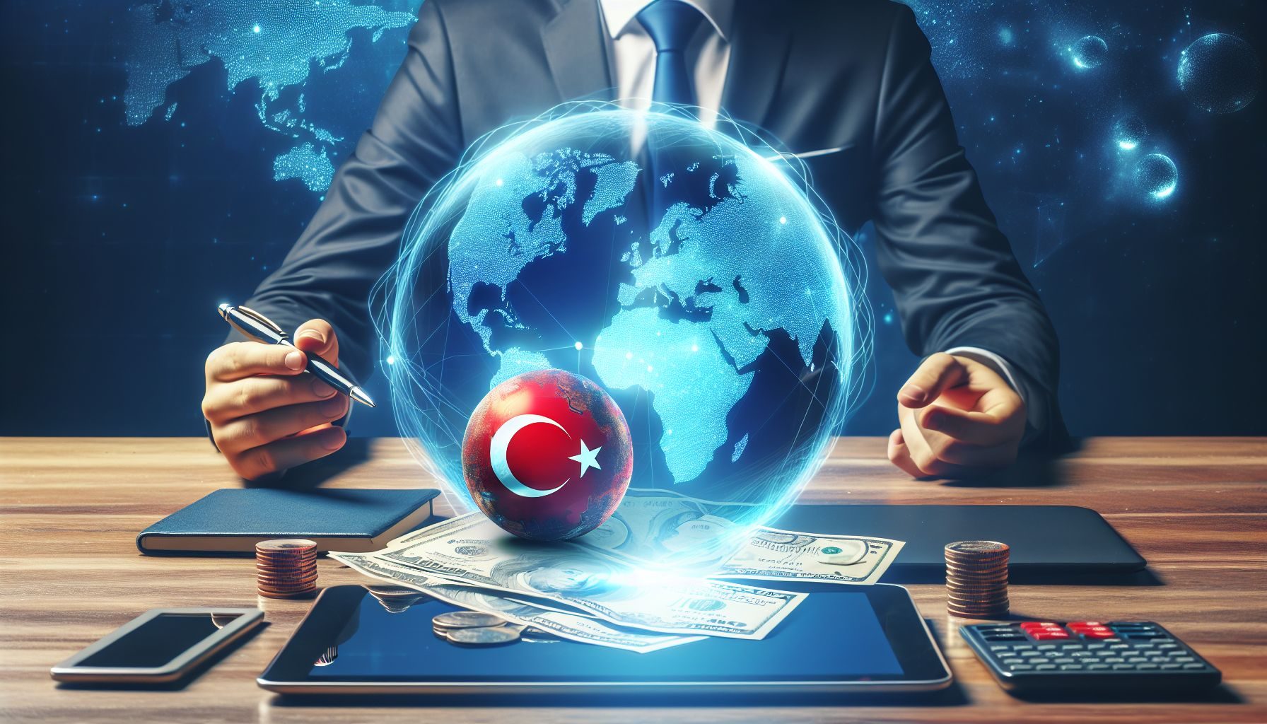 A symbolic representation of global business involving a globe and Türkiye's map highlighting its strategic location.