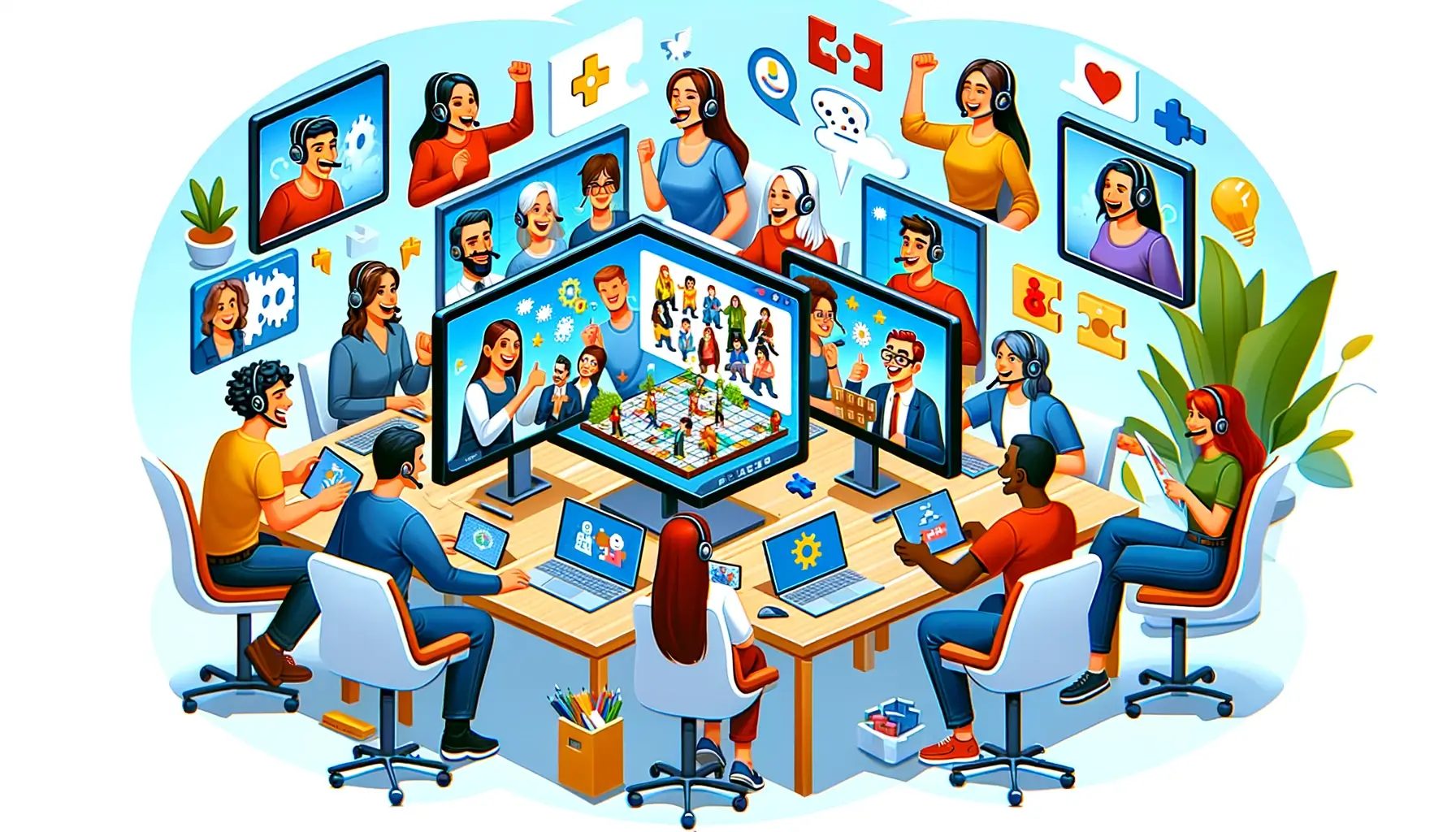 A virtual team building activity, showing a diverse group of remote workers engaging in an online game or digital escape room, emphasizing team cohesion and company culture.