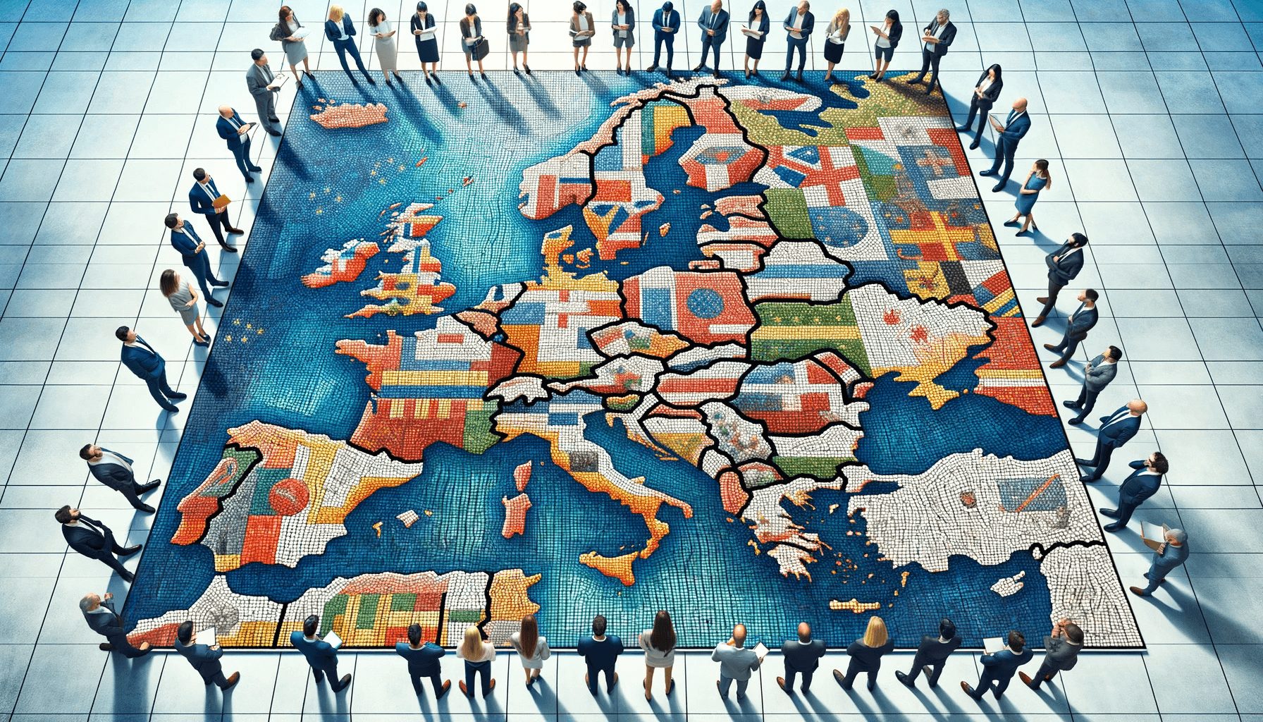 Photo of a European Mosaic Map_ A detailed aerial photo of a mosaic artwork that represents the map of Europe. Each country in the mosaic is made up of different cultural elements.