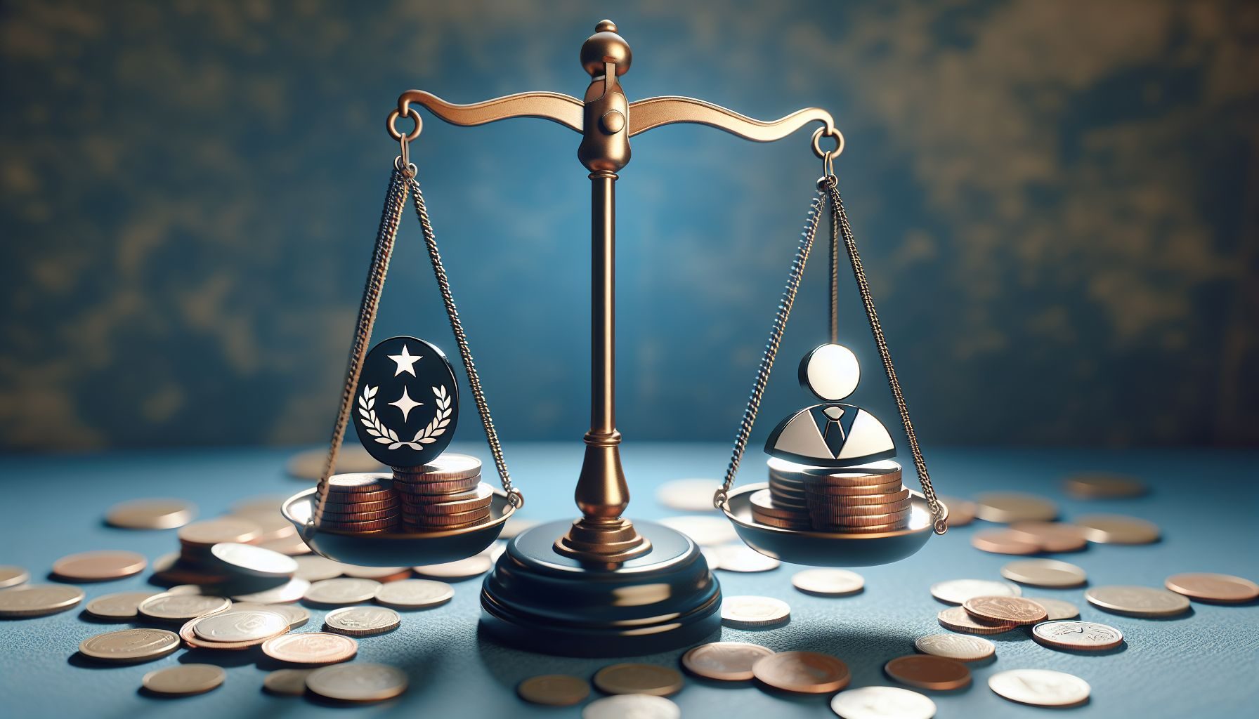 Uma balança equilibrada pesando moedas de um lado e um ícone simbolizando um serviço ao cliente de alto nível do outro, representando o equilíbrio entre oferecer um excelente serviço ao cliente e gerir custos de forma eficaz.