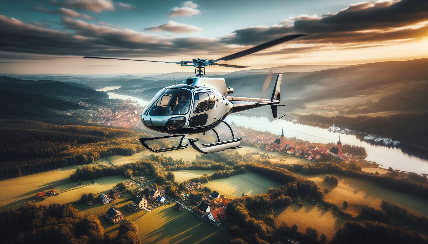 Une vue aérienne d'un hélicoptère survolant les paysages pittoresques de la Pologne, symbolisant l'objectif ultime de posséder un hélicoptère privé et de profiter de la liberté qu'il apporte.