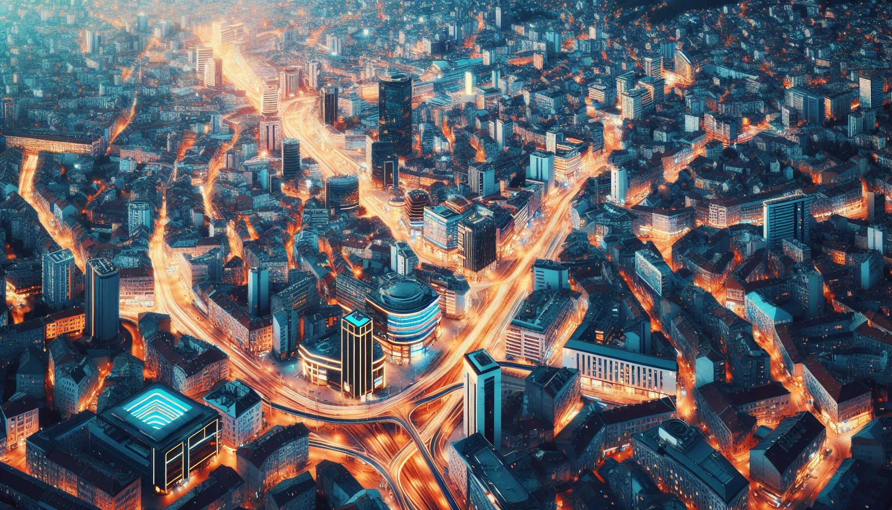 Una vista aérea en ángulo alto al crepúsculo del animado distrito de negocios en Sarajevo, Bosnia y Herzegovina, retratando el dinámico mercado.