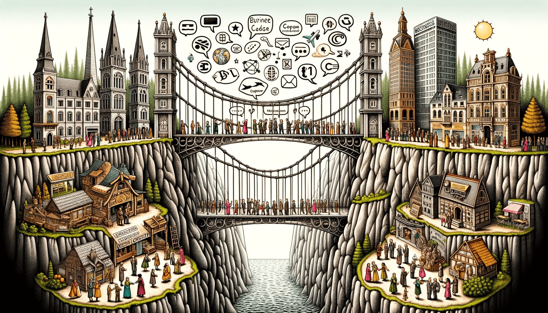 Illustration of a Business Communication Bridge_ A detailed hand-drawn illustration showcasing a grand, ornate bridge connecting two cliffs over a vast gap